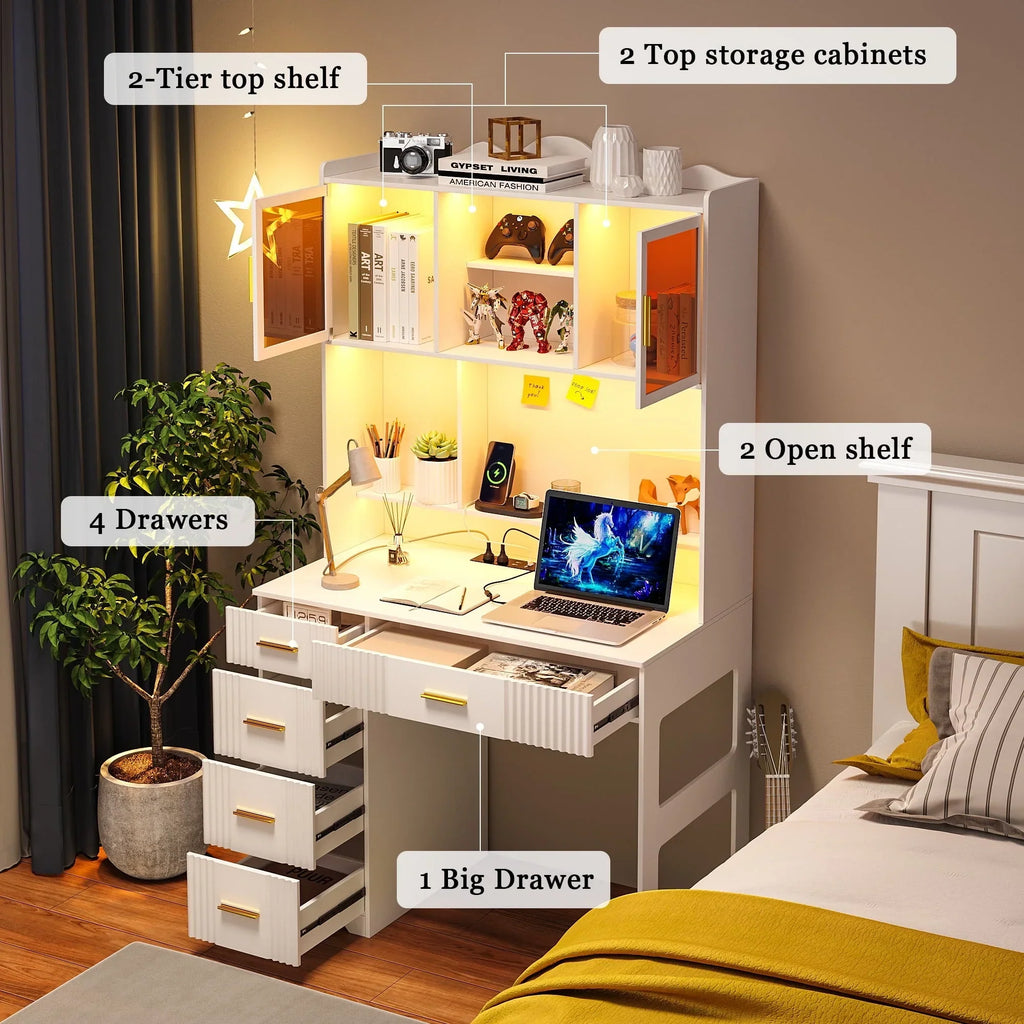 Nouveauté 2026 – Bureau d'étude LED HNEBC avec étagère et tiroir, bureau pour bureau à domicile avec prise électrique, bureau d'ordinateur avec station de charge, bureau d'écriture pour chambre, poste de travail pour petits espaces