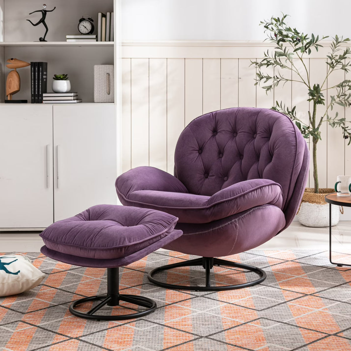 Nouveauté 2026 – Fauteuil pivotant Velvet avec repose-pieds, chaise longue moderne avec structure en métal, fauteuil de lecture confortable pour salon, chambre ou bureau, bleu