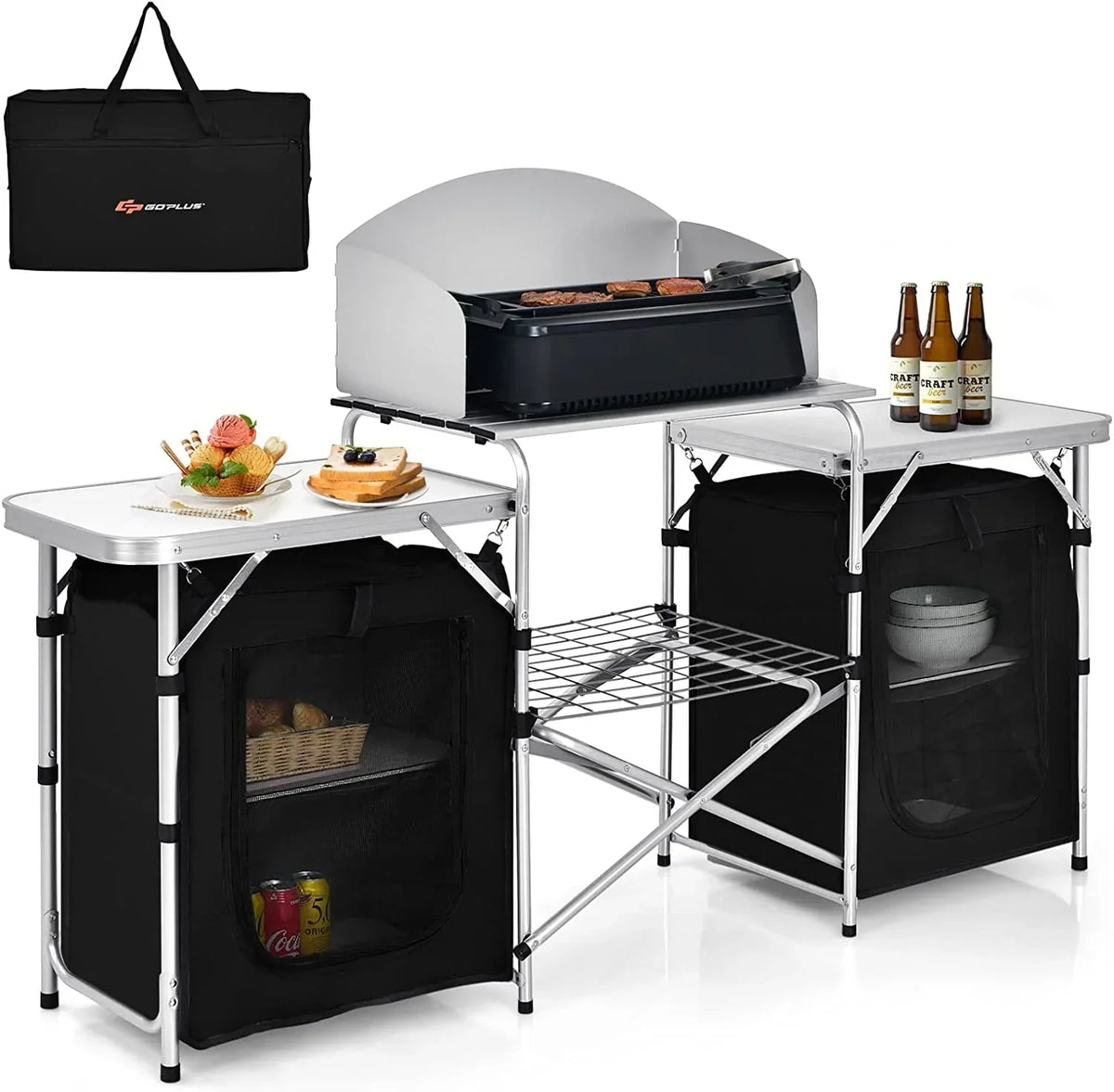 Nouveauté 2026 – Table de cuisine de camping Camping avec rangement, table de cuisson extérieure portable en aluminium avec pare-vent, table de camping pliable pour barbecue, grillades, fêtes et pique-niques