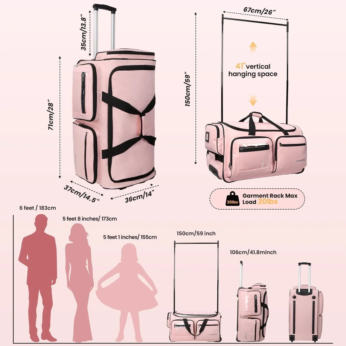 Nouveauté 2026 – Sac de danse Fegat avec portant - Sac de danse pliable à roulettes de 71 cm (28 pouces) pour compétitions, danse, spectacles, streamers et athlètes. Valise légère à roulettes