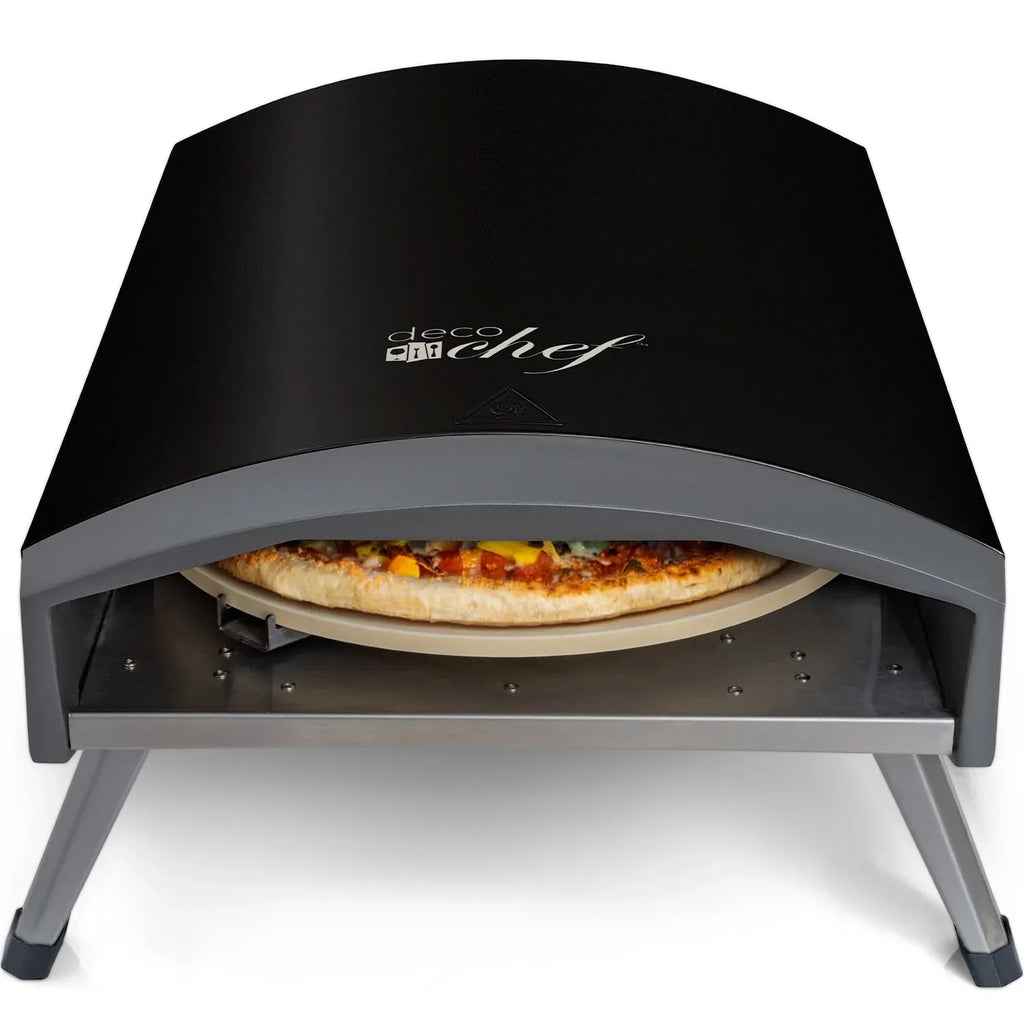 Nouveauté 2026 – Four à pizza à gaz d'extérieur Deco Chef , modèle pliable et portable, pierre de cuisson auto-rotative facile à utiliser, noir