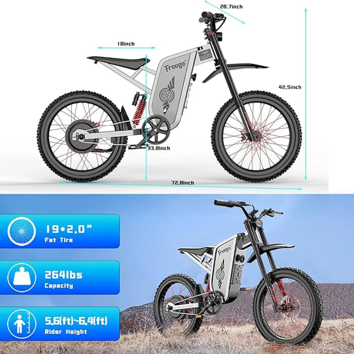 Nouveauté 2026 – Vélo tout-terrain électrique Freego X2 Pro , vitesse maximale de 80 km/h, moteur de 6000 W (crête), batterie 60 V 30 Ah, pneus 19 x 2, suspension intégrale, freins hydrauliques, accélérateur à mi-course, homologué UL2849