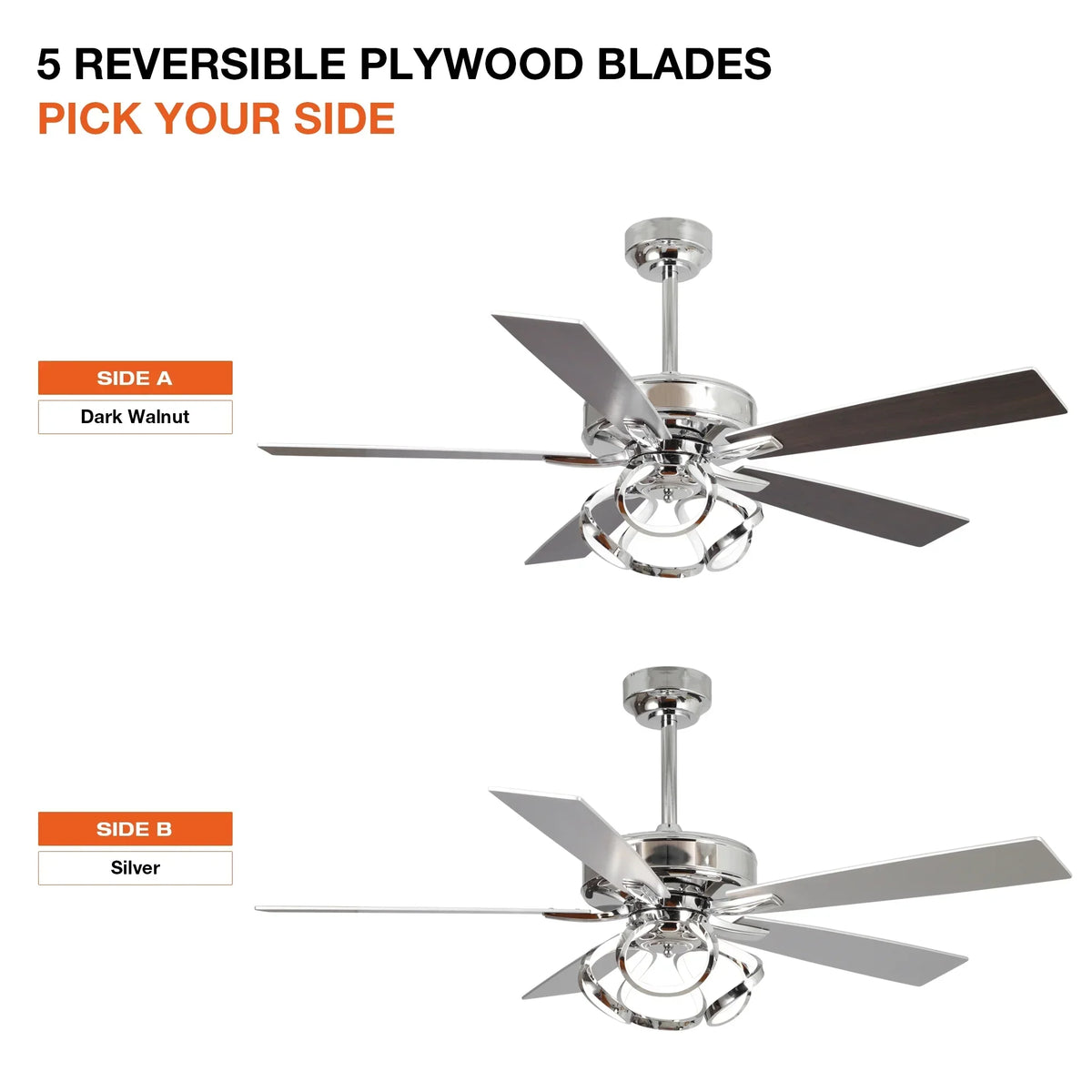 Nouveauté 2026 – Ventilateur de plafond contemporain chromé Parrot Uncle 52 pouces (132 cm) avec éclairage LED intégré et télécommande