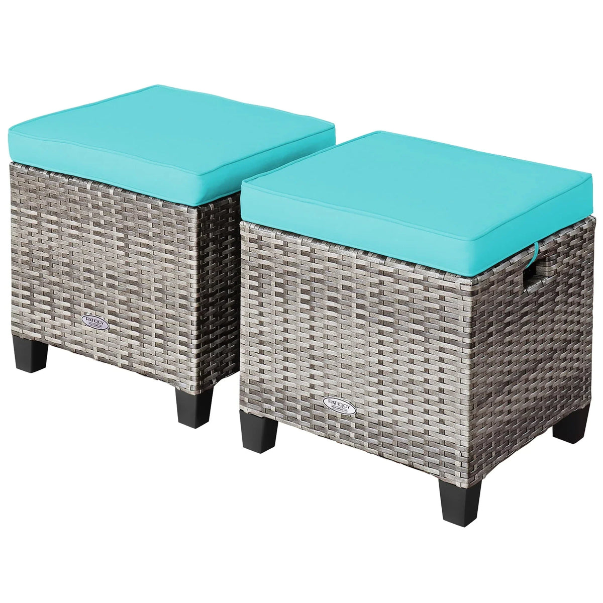 Nouveauté 2026 – Costway Ensemble de 2 poufs de patio rembourrés en rotin, repose-pieds et table turquoise