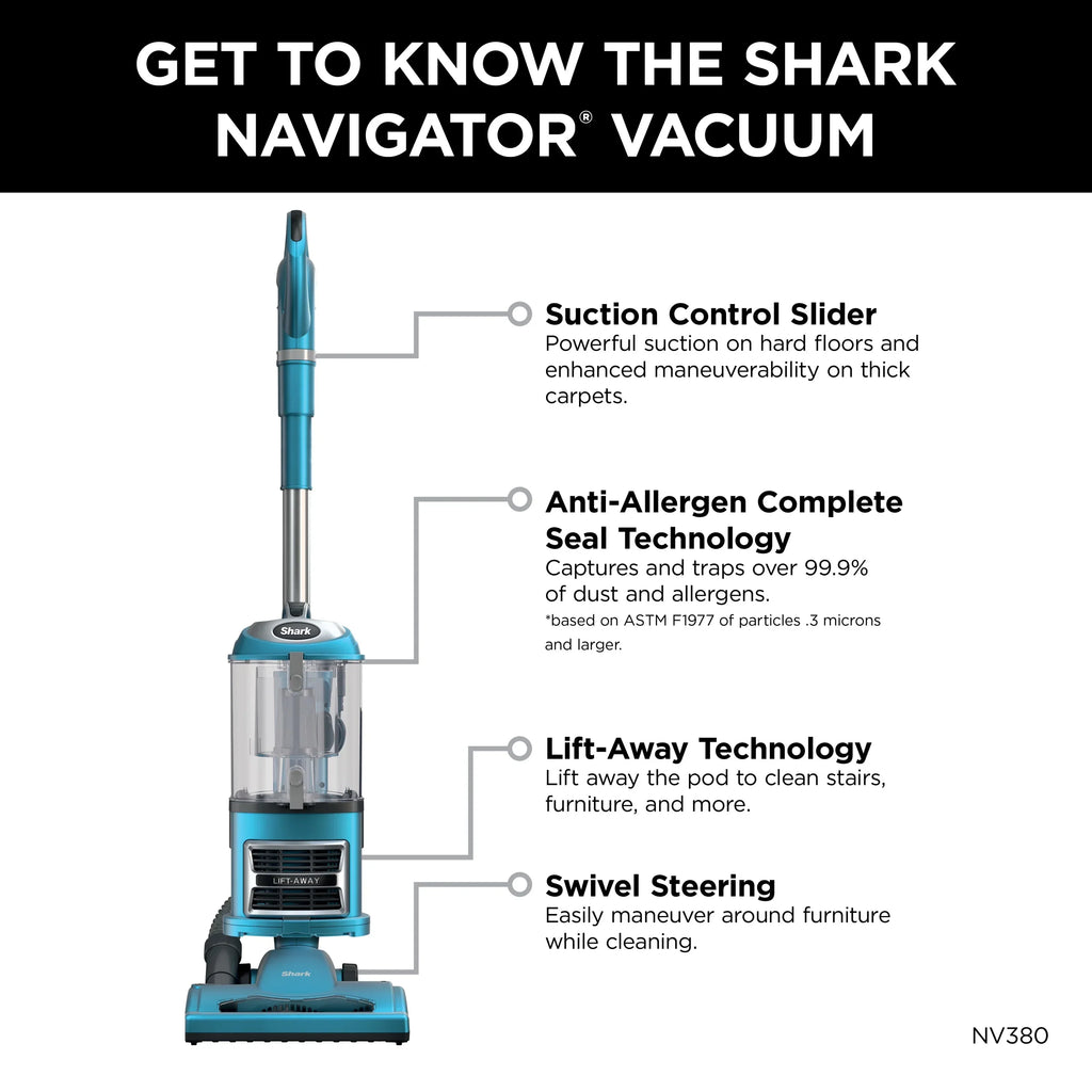 Nouveauté 2026 – Aspirateur vertical Shark Navigator Lift-Away : aspiration puissante, sans sac, pour sols durs et moquettes, grand bac à poussière, filtre HEPA, direction pivotante, suceur plat et brosse pour tissus d'ameublement, NV380, bleu