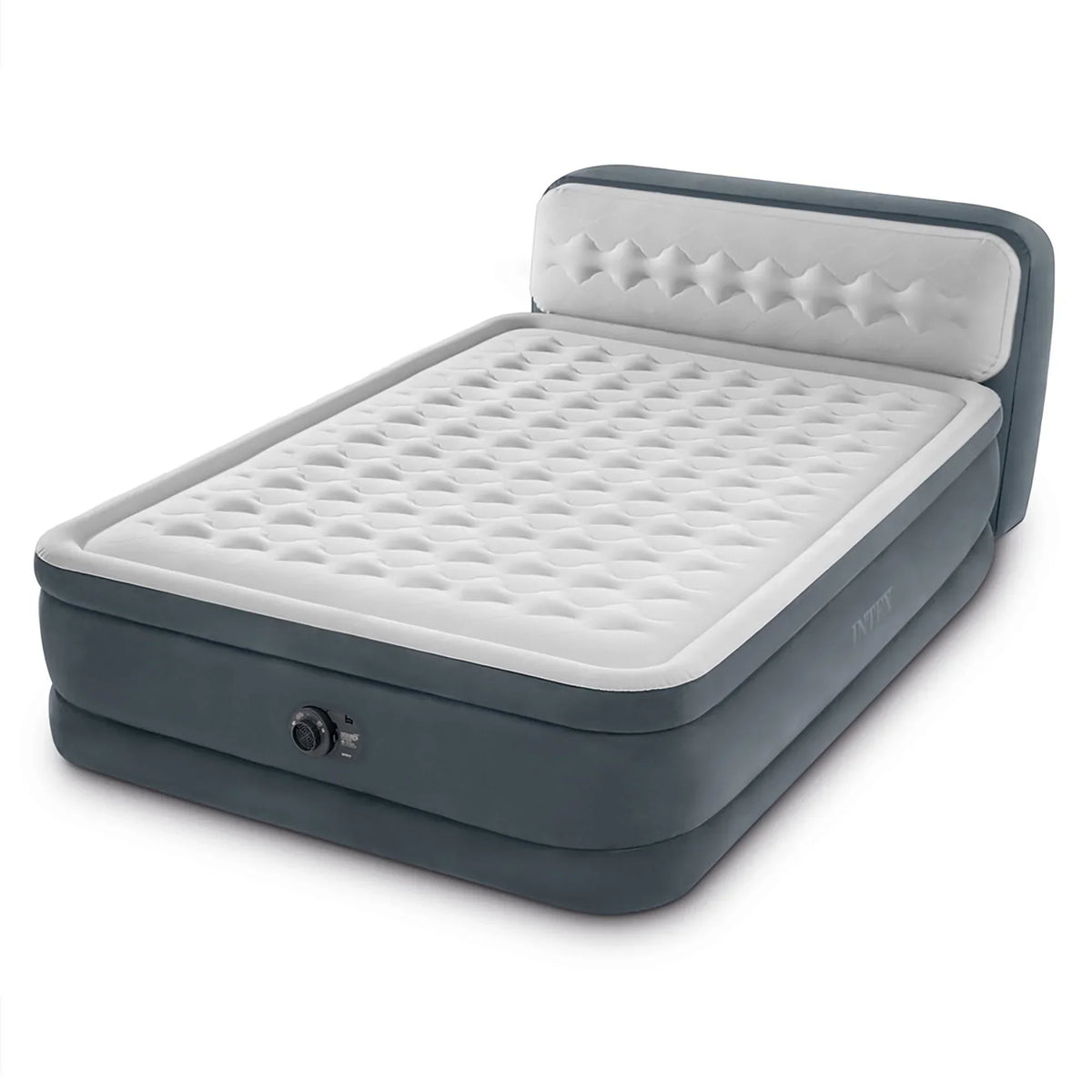 Nouveauté 2026 – D'Intex : Dura-Beam Deluxe : Matelas gonflable avec tête de lit ultra moelleuse - Queen - Gris, matelas gonflable de 45 cm, pompe intégrée, technologie Fiber-Tech, sac de transport, capacité de charge de 272 kg (64447ED