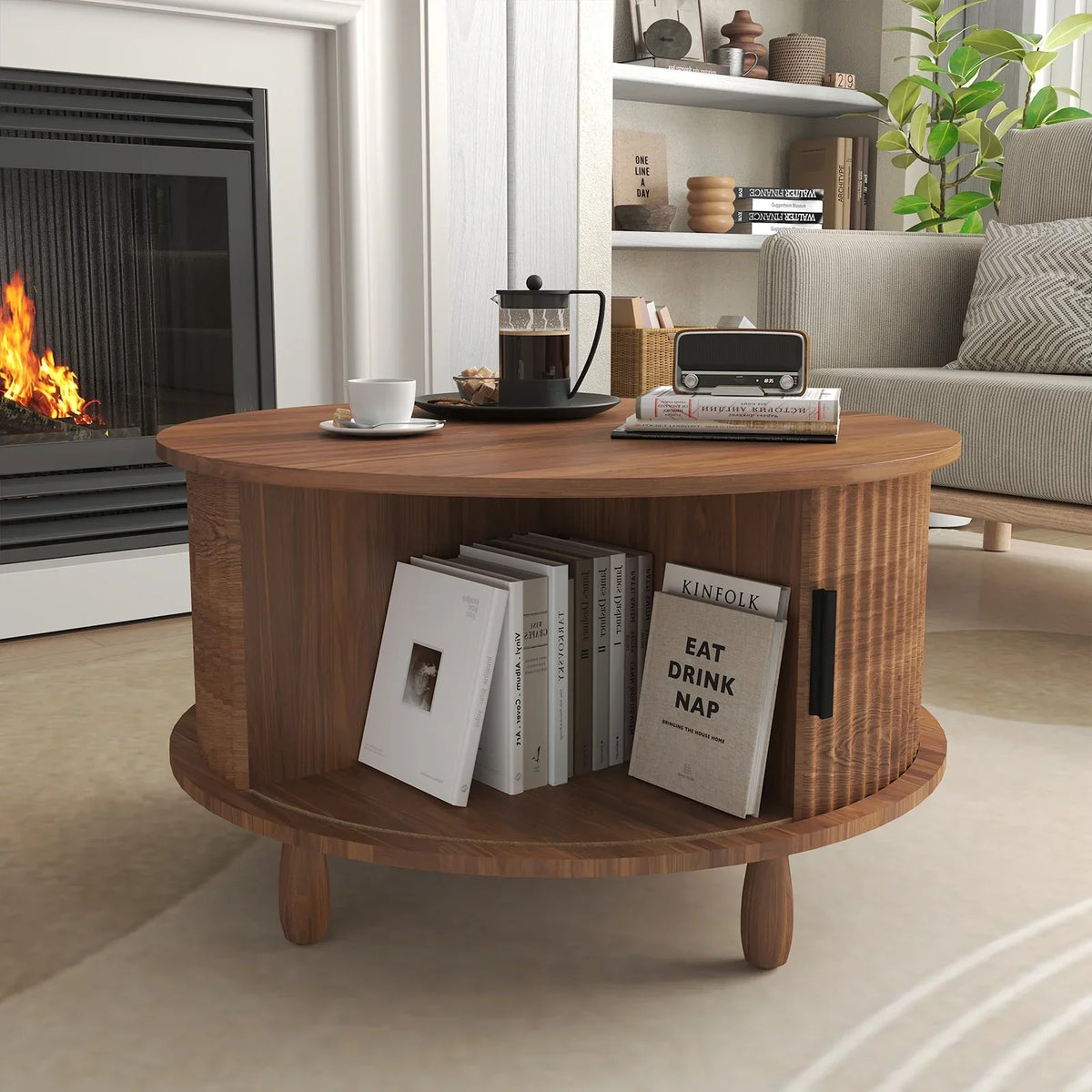 Nouveauté 2026 – Table basse ronde RUMLIVE avec rangement, table basse moderne de 78 cm avec porte coulissante incurvée à 360°, table basse en bois cannelé avec patins, table centrale ronde pour salon, noire
