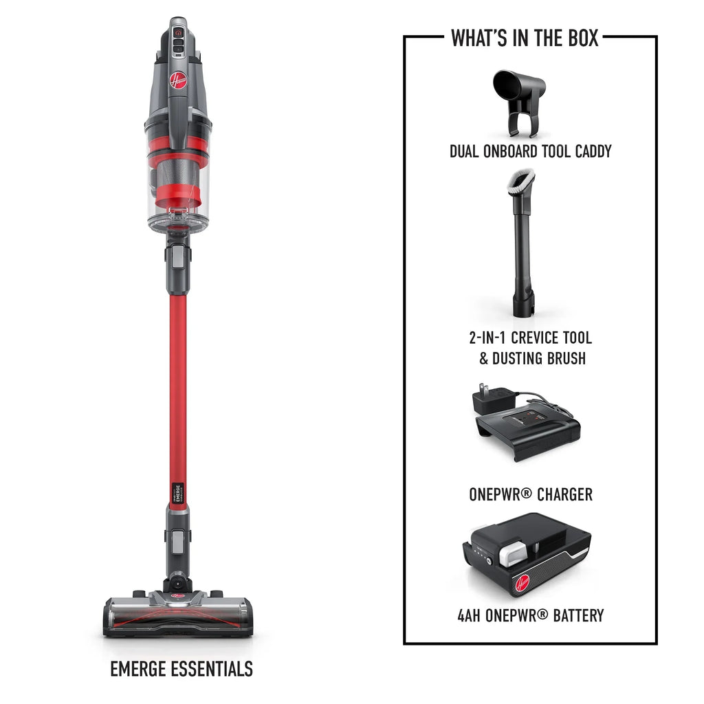 Nouveauté 2026 – Aspirateur balai sans fil Hoover ONEPWR Emerge Essentials , pour tapis, sols durs, tissus d'ameublement et poils d'animaux. Aspirateur à main amovible. Autonomie de 45 minutes. Référence : BH53610V