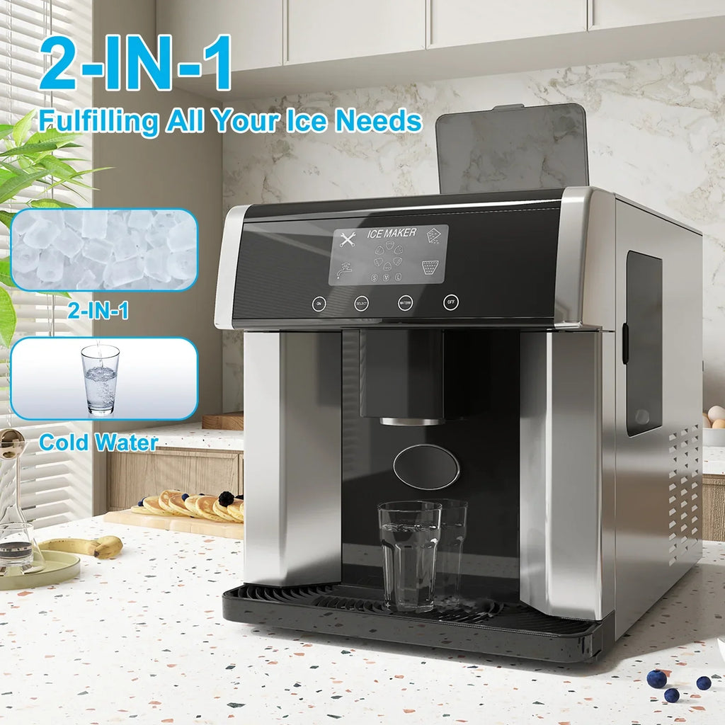 Nouveauté 2026 – Machine à glaçons TABU 3 en 1 avec distributeur d'eau, 18 kg/24 h, fonction glace pilée, autonettoyante, noire