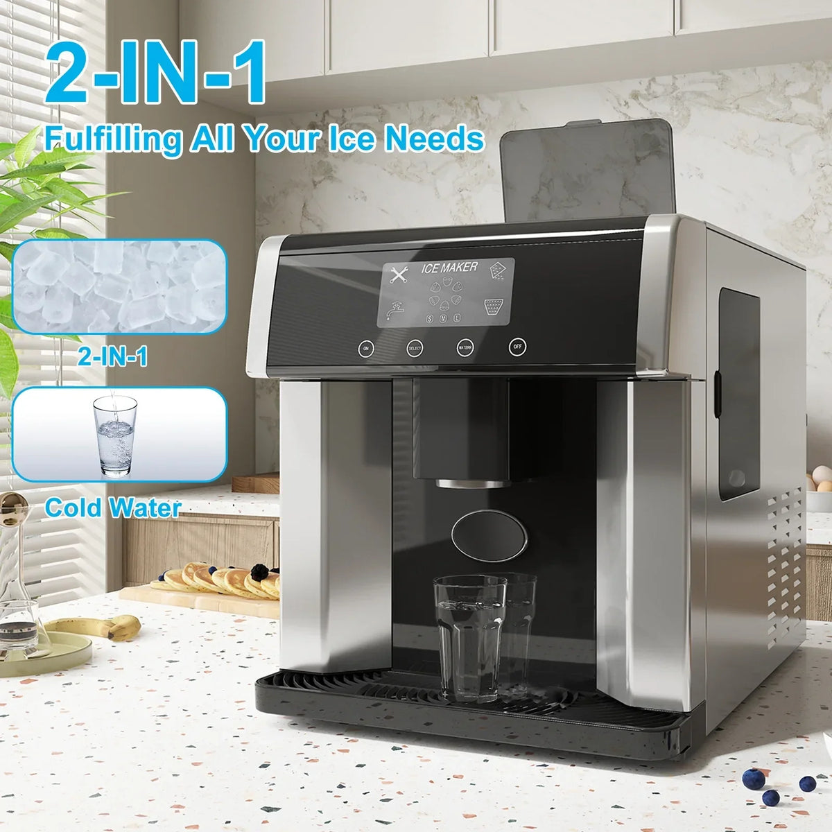 Nouveauté 2026 – Machine à glaçons TABU 3 en 1 avec distributeur d'eau, 18 kg/24 h, fonction glace pilée, autonettoyante, noire