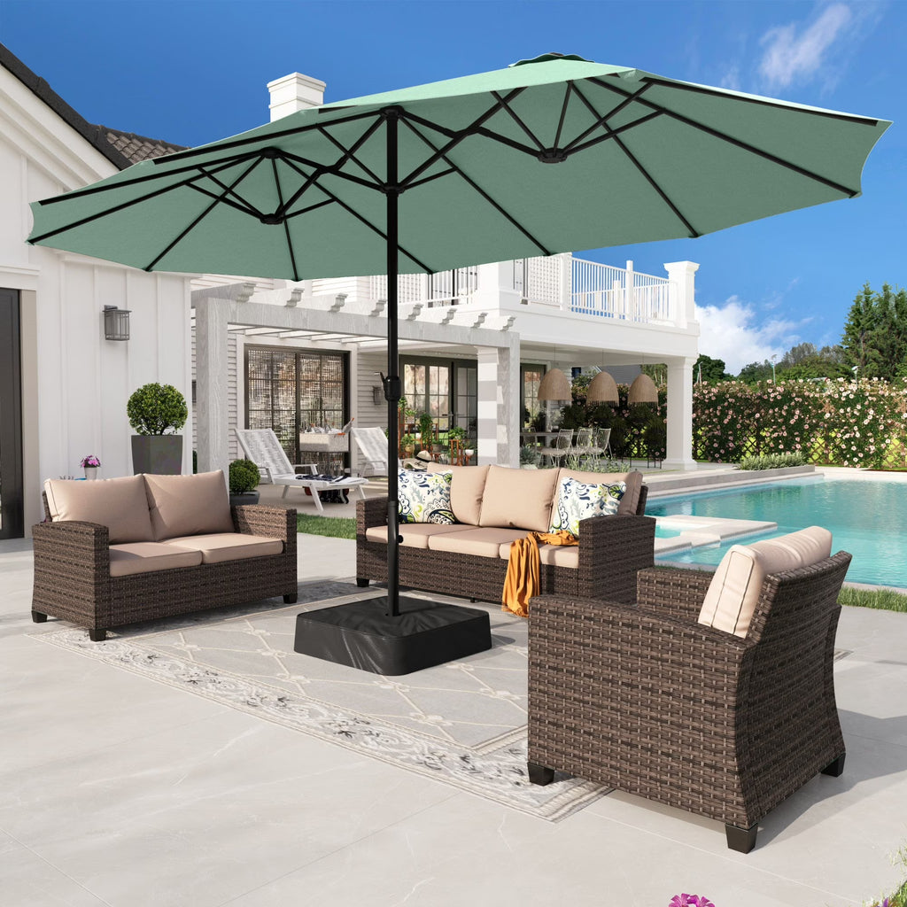 Nouveauté 2026 – Parasol de jardin extra-large Alpha Joy 4,57 m (15 pi) à double face avec manivelle et base - Gris fumé