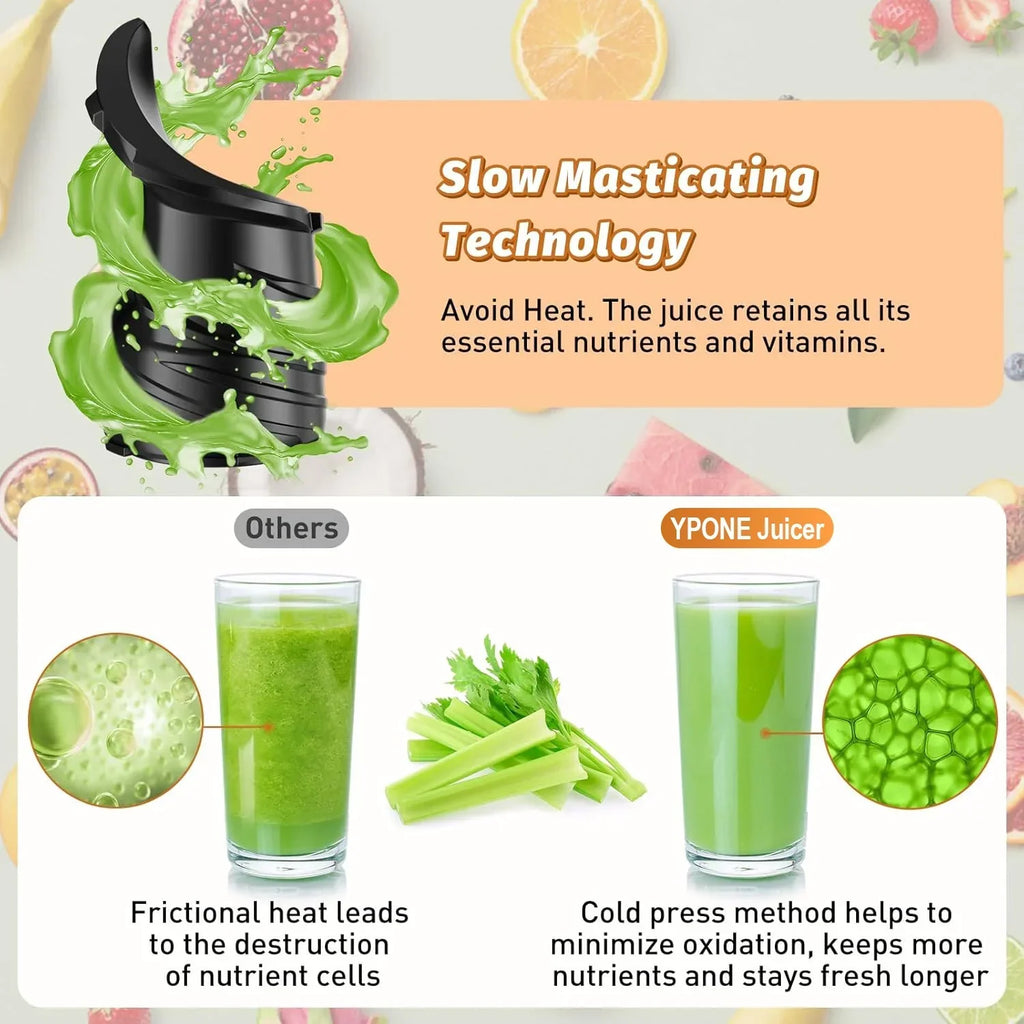 Nouveauté 2026 – Extracteur de jus à froid YPONE , extracteur à mastication avec goulotte d'alimentation de 13,7 cm de large, 350 W, convient aux fruits et légumes entiers, extracteur de jus à haut rendement, facile à nettoyer (noir