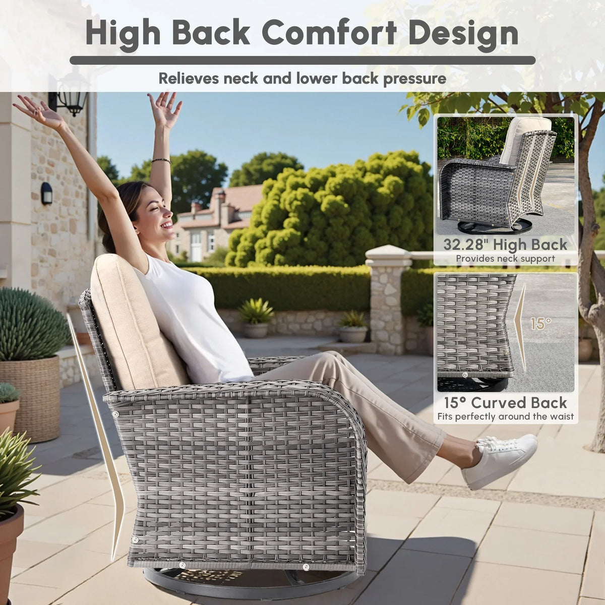 Nouveauté 2026 – Ensemble de mobilier de jardin 5 pièces Ovios , comprenant fauteuils pivotants et table basse, en résine tressée résistante aux intempéries, gris foncé