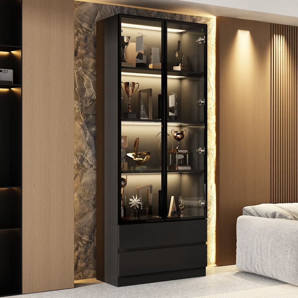 Nouveauté 2026 – Bibliothèque/organisateur KULAGAGA avec éclairage LED, vitrine robuste avec porte vitrée pour salon, 80 cm de large