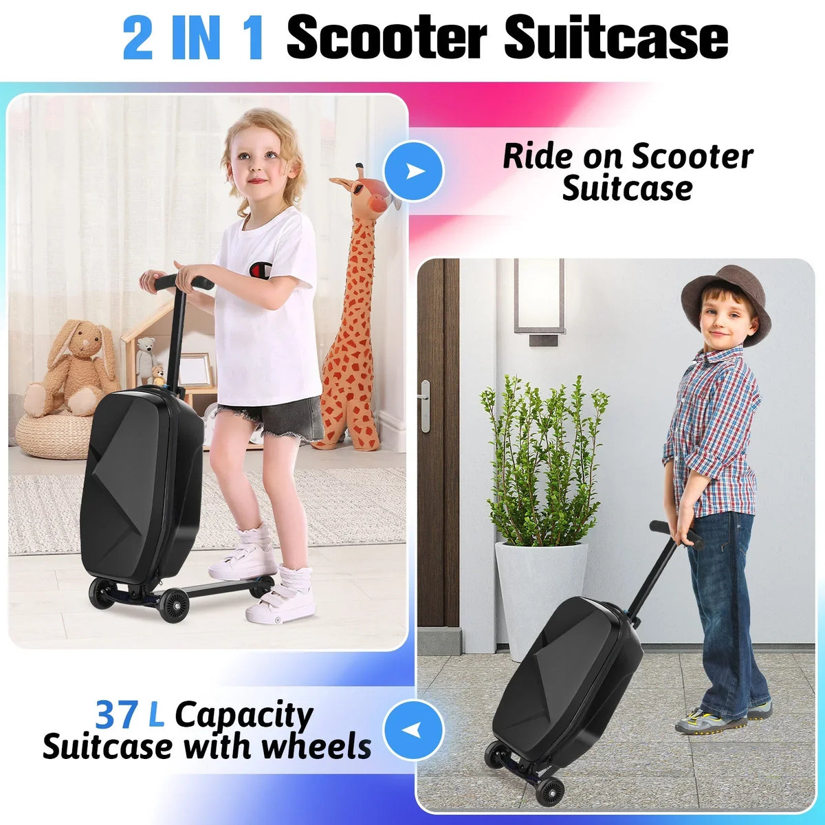 Nouveauté 2026 – Valise-trottinette Advwin pour enfants et adultes, valise rigide à roulettes pour enfants de 4 à 15 ans, multifonctionnelle, légère et pliable, avec roulettes, rose
