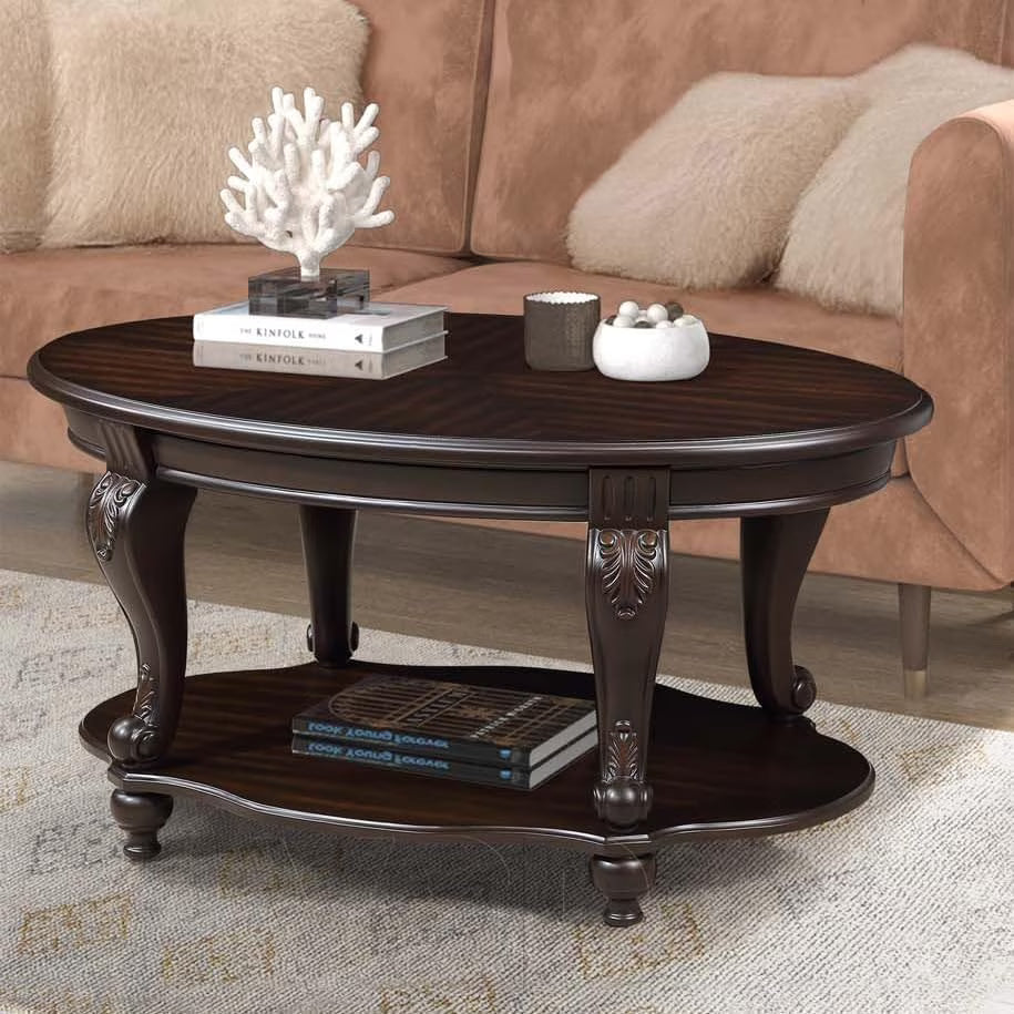 Nouveauté 2026 – Table basse ovale 42" avec étagère de rangement, table basse à deux niveaux en bois massif, style rétro traditionnel pour salon, supporte jusqu'à 181 kg, couleur cerisier