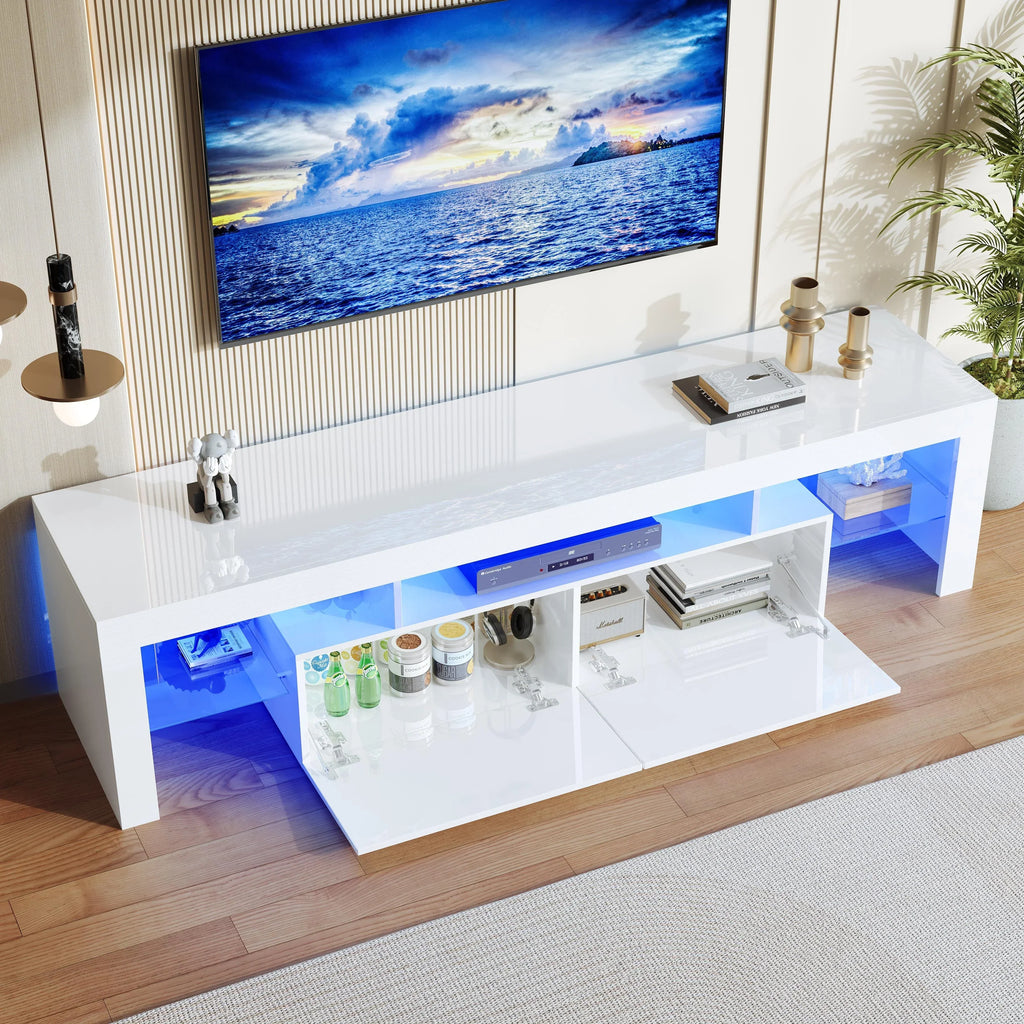 Nouveauté 2026 – Meuble TV PAPROOS pour téléviseurs jusqu'à 70 pouces, finition laquée brillante avec éclairage LED, console TV moderne avec tiroirs de rangement, meuble multimédia, blanc