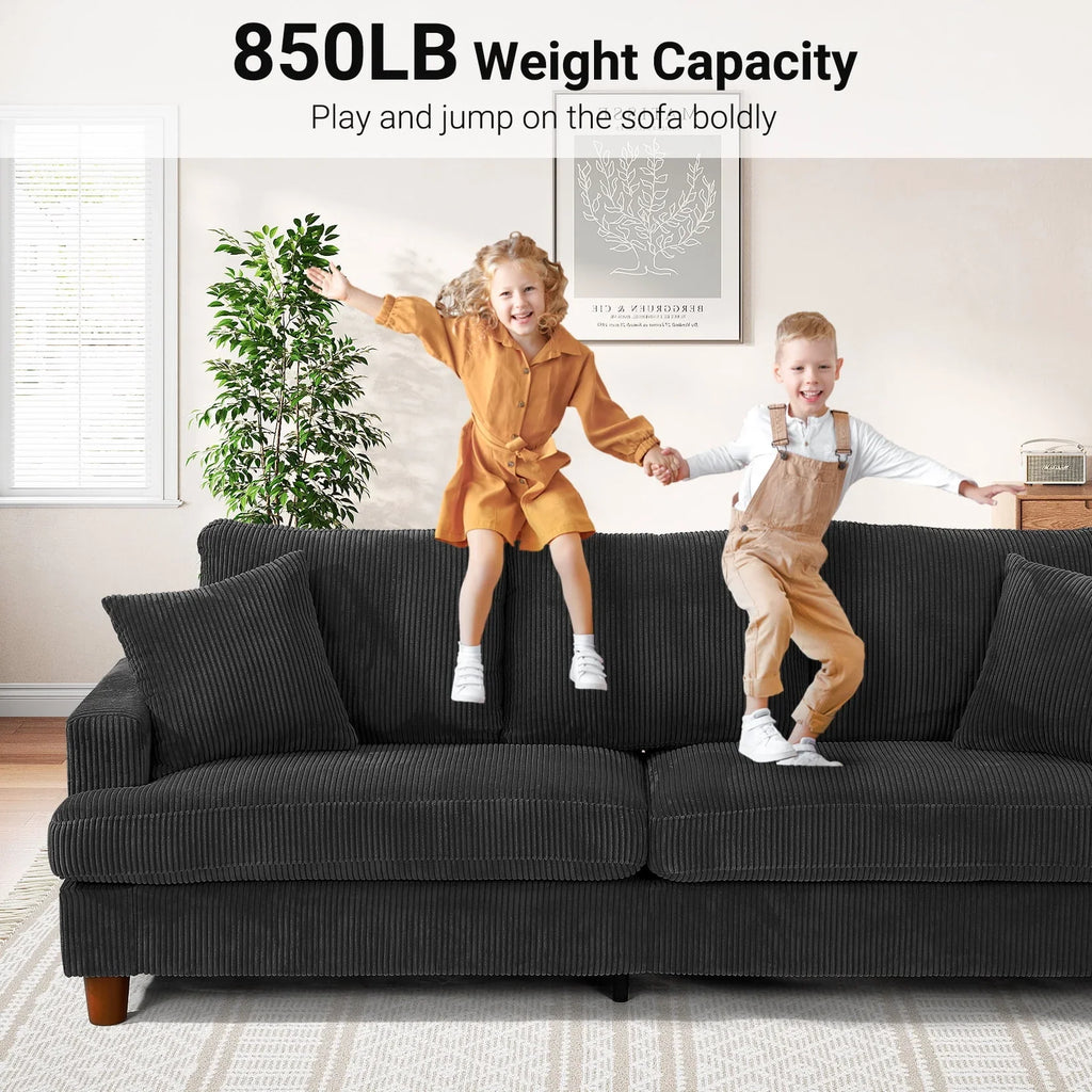Nouveauté 2026 – Canapé 3 places en velours côtelé 221 cm (87 pouces), avec assises extra profondes, confortable et rembourré, idéal pour le salon. Comprend 2 coussins et est disponible en vert