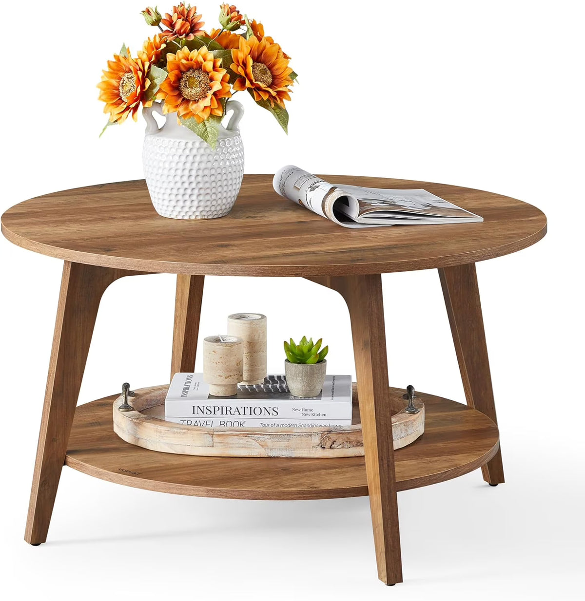 Nouveauté 2026 – Table basse ronde VASAGLE , table basse à 2 niveaux avec rangement, pour salon, 80 x 45 cm, facile à monter, couleur miel