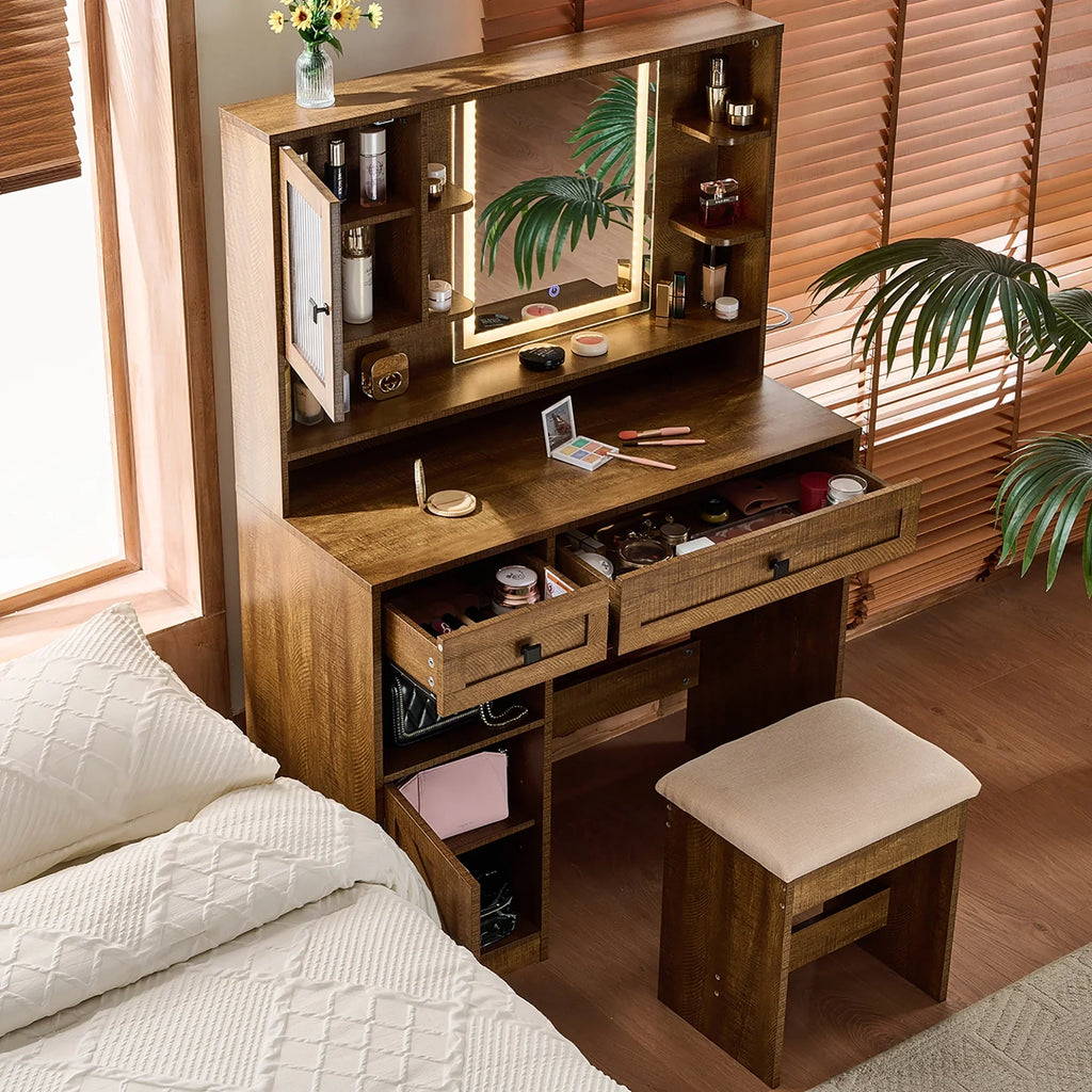 Nouveauté 2026 – Coiffeuse Farmhouse avec miroir et éclairage, ensemble coiffeuse avec station de charge et tabouret, tiroirs, étagères et armoire latérale, blanc