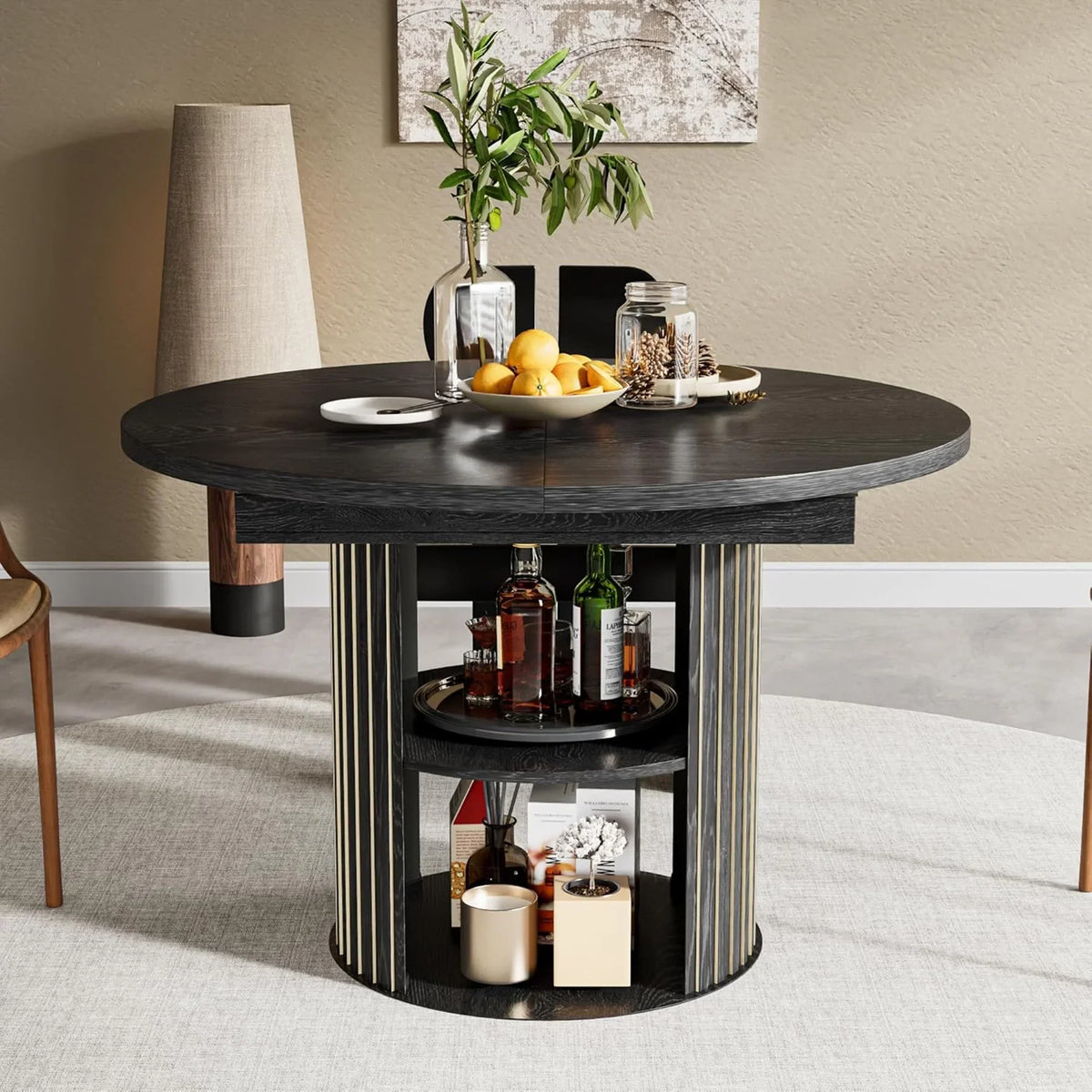 Nouveauté 2026 – Table de salle à manger extensible pour 4 à 6 personnes, table de cuisine ronde avec étagère de rangement, tables de salle à manger ovales pour salon (noyer