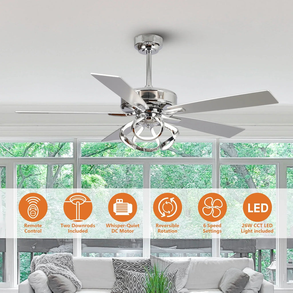Nouveauté 2026 – Ventilateur de plafond contemporain chromé Parrot Uncle 52 pouces (132 cm) avec éclairage LED intégré et télécommande