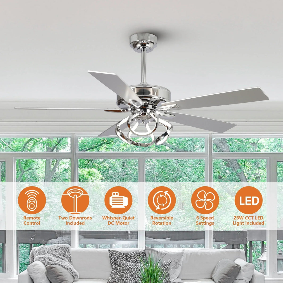 Nouveauté 2026 – Ventilateur de plafond contemporain chromé Parrot Uncle 52 pouces (132 cm) avec éclairage LED intégré et télécommande