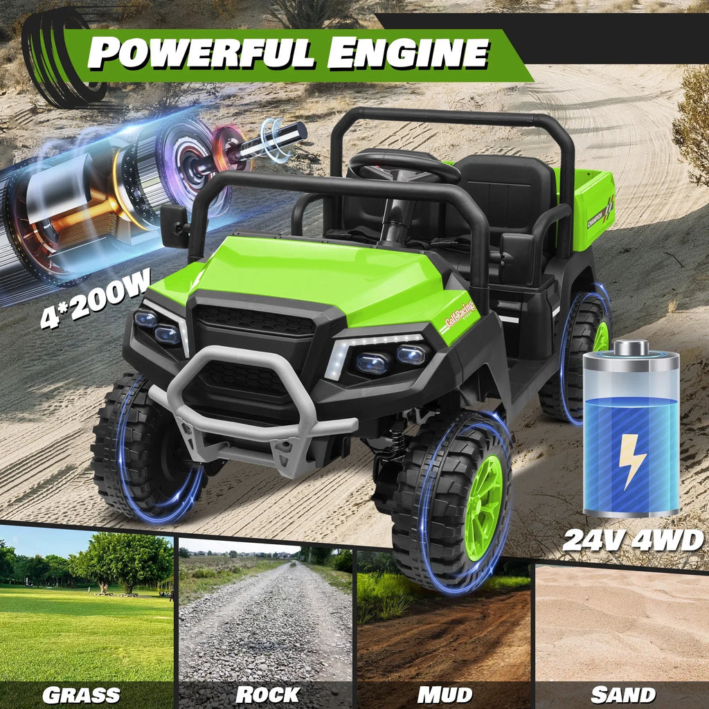 Nouveauté 2026 – Joyracer , véhicule tout-terrain électrique (UTV) 24 volts pour enfants, 2 places, avec télécommande. Voiturette de golf électrique avec 4 moteurs de 200 W, remorque inclinable et pelle, suspension à ressorts sur les 4 roues, musique