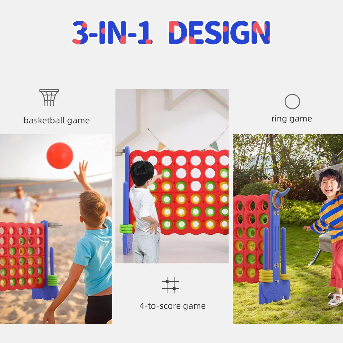Nouveauté 2026 – Jeu géant 3-en-1 UNICOO® : panier de basket, jeu de lancer d'anneaux et jeu « 4 pour marquer ». Idéal pour les enfants et les adultes, les fêtes et les réunions. Sac de transport inclus (rouge et bleu