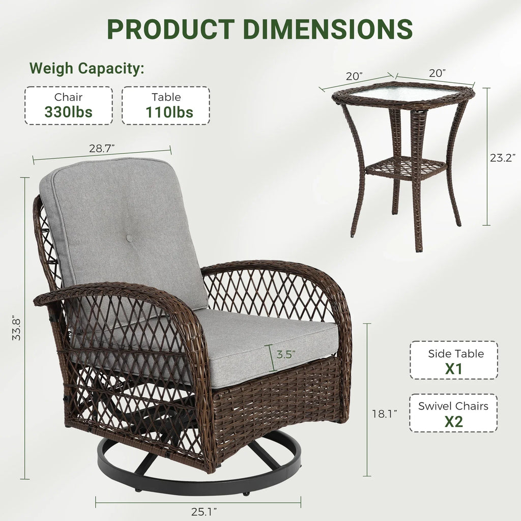 Nouveauté 2026 – Ensemble de 3 fauteuils à bascule pivotants pour patio, 2 fauteuils à bascule pivotants à 360 degrés et 1 table basse en verre, ensemble bistro d'extérieur en rotin PE avec coussins pour balcon, terrasse, piscine, jardin ou véranda