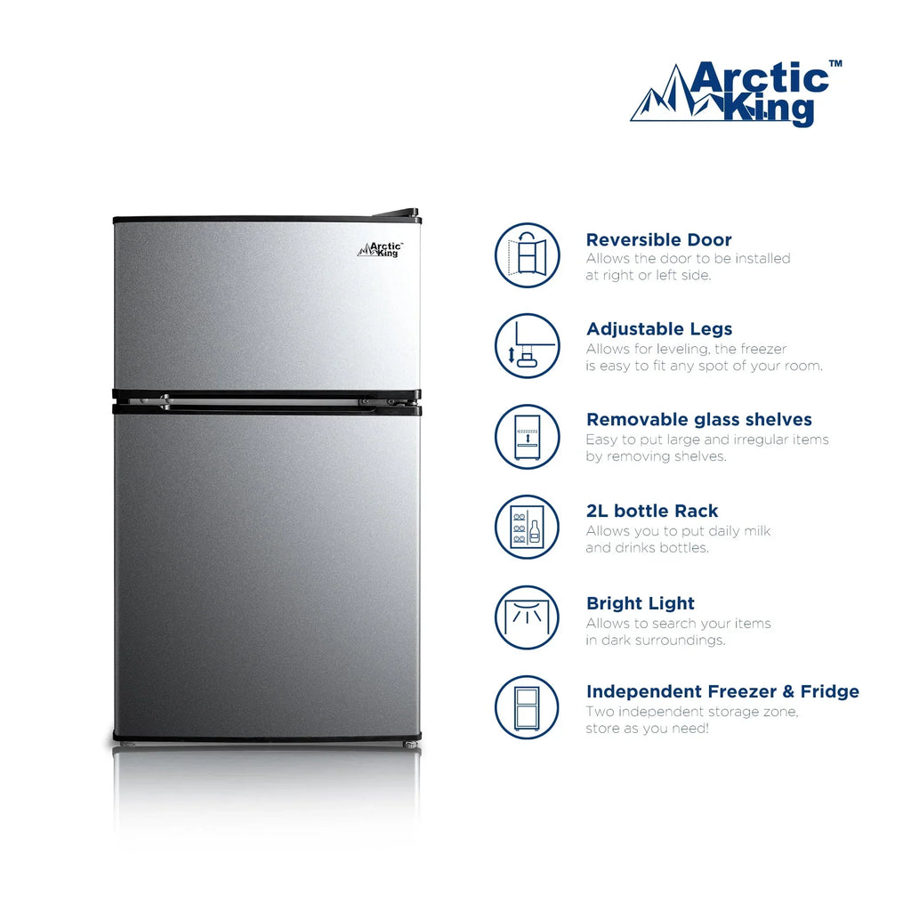 Nouveauté 2026 – Mini-réfrigérateur Arctic King 2 portes de 3,2 pi³ avec congélateur, acier inoxydable, E-Star, ARM32D5ASL