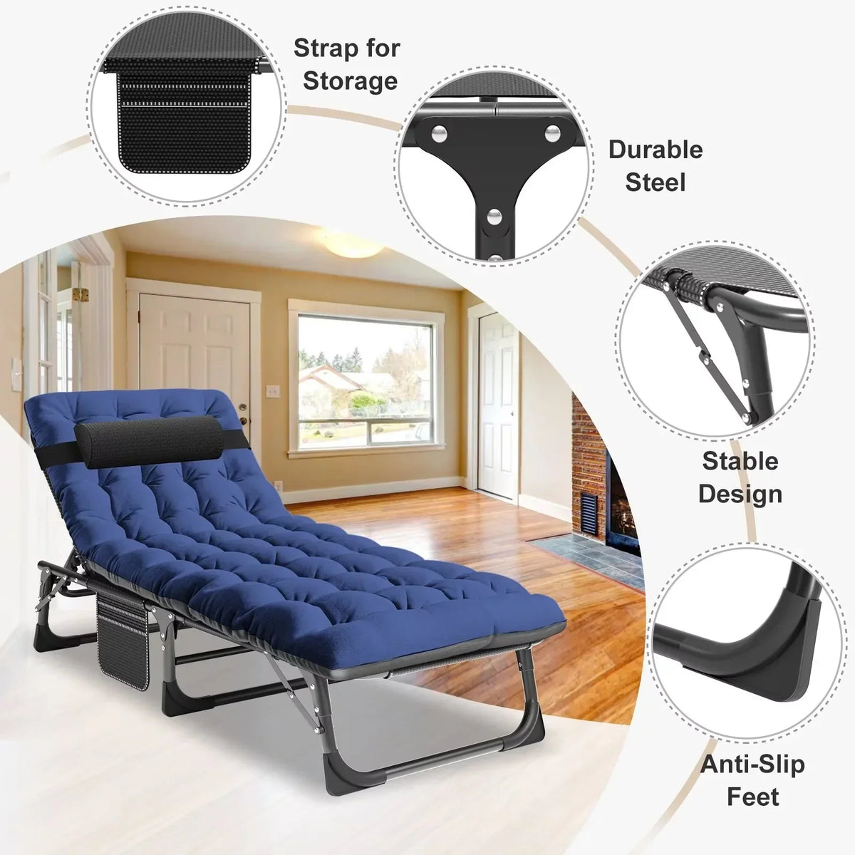 Nouveauté 2026 – Chaise longue MOPHOTO avec matelas, supportant jusqu'à 200 kg, lit de camp portable et robuste, réglable, idéal pour le camping, la piscine, la plage et la terrasse