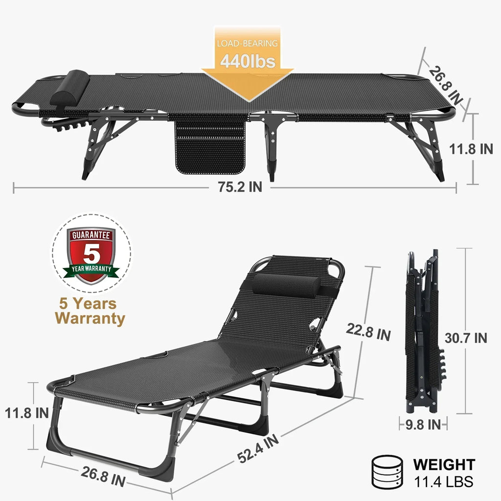 Nouveauté 2026 – Chaise longue MOPHOTO avec matelas, supportant jusqu'à 200 kg, lit de camp portable et robuste, réglable, idéal pour le camping, la piscine, la plage et la terrasse