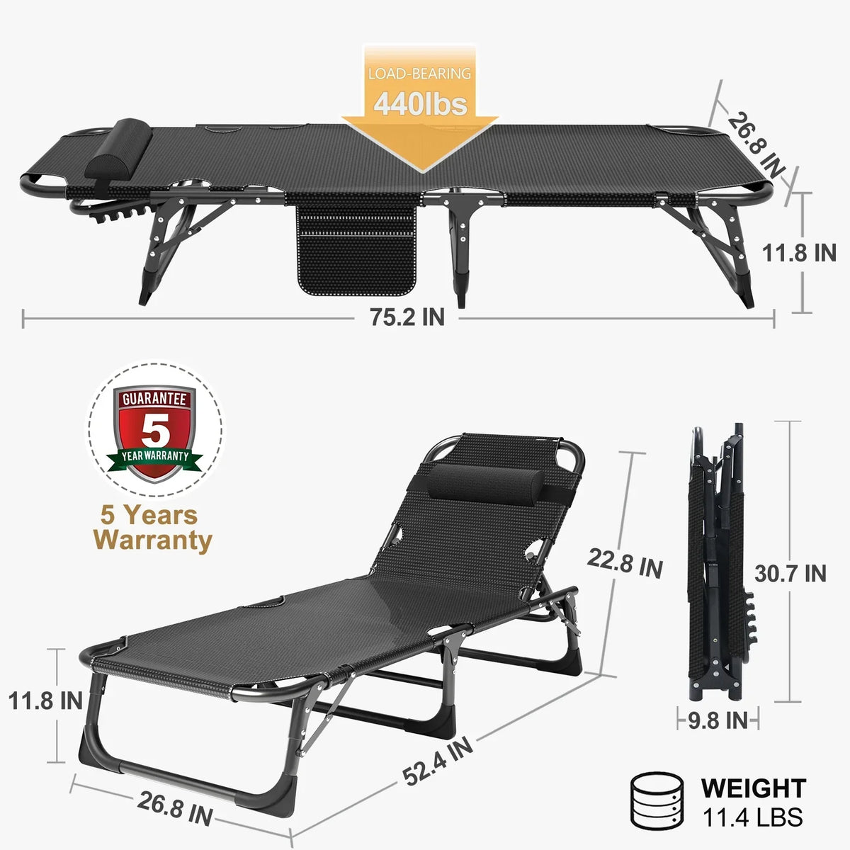 Nouveauté 2026 – Chaise longue MOPHOTO avec matelas, supportant jusqu'à 200 kg, lit de camp portable et robuste, réglable, idéal pour le camping, la piscine, la plage et la terrasse