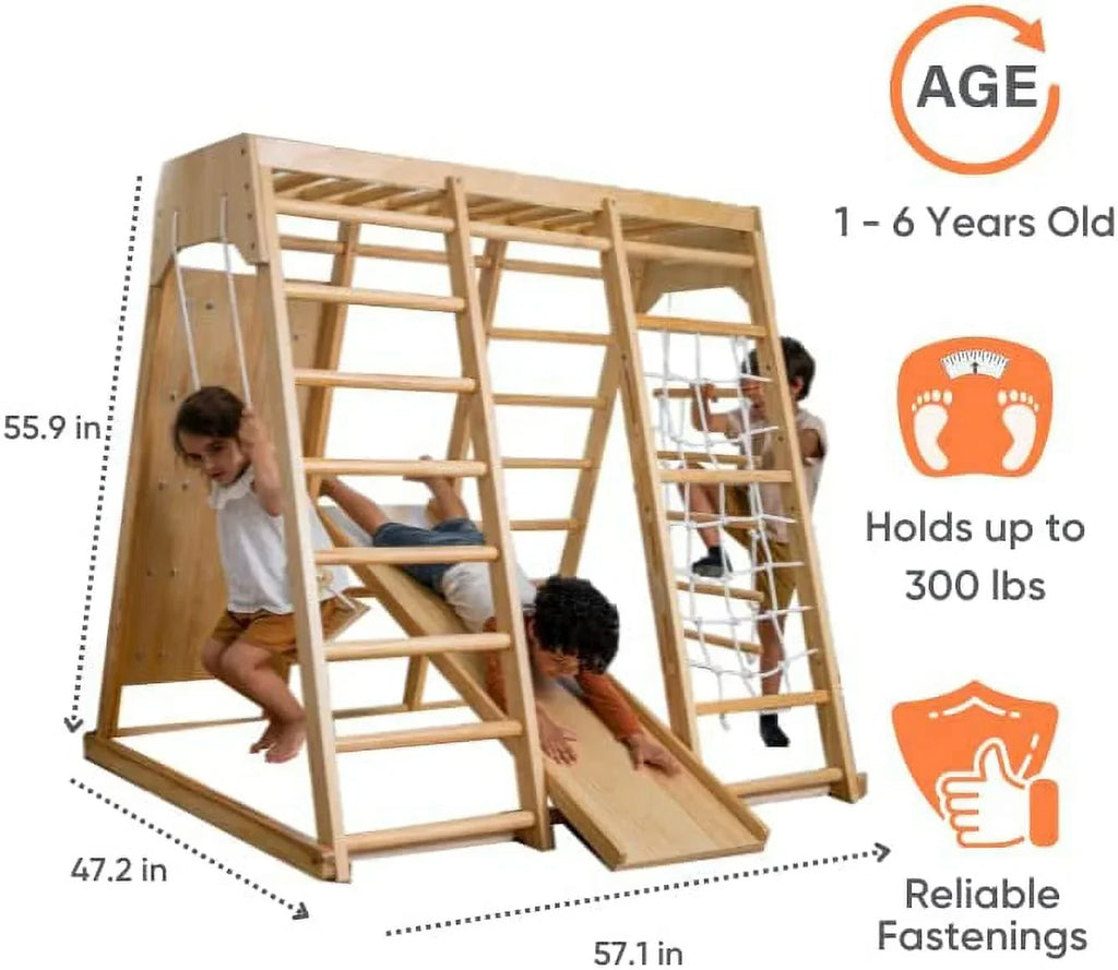 Nouveauté 2026 – Avenlur Aire de jeux intérieure pour tout-petits et enfants - Structure en bois véritable 6 en 1 avec toboggan, mur d'escalade, corde à grimper, barres de singe, balançoire et échelle. Un espace de jeux amusant pour les enfants