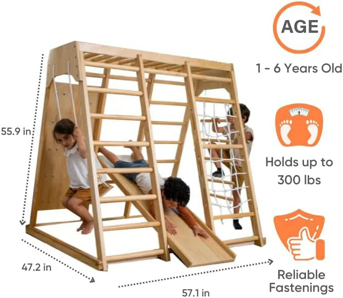 Nouveauté 2026 – Avenlur Aire de jeux intérieure pour tout-petits et enfants - Structure en bois véritable 6 en 1 avec toboggan, mur d'escalade, corde à grimper, barres de singe, balançoire et échelle. Un espace de jeux amusant pour les enfants