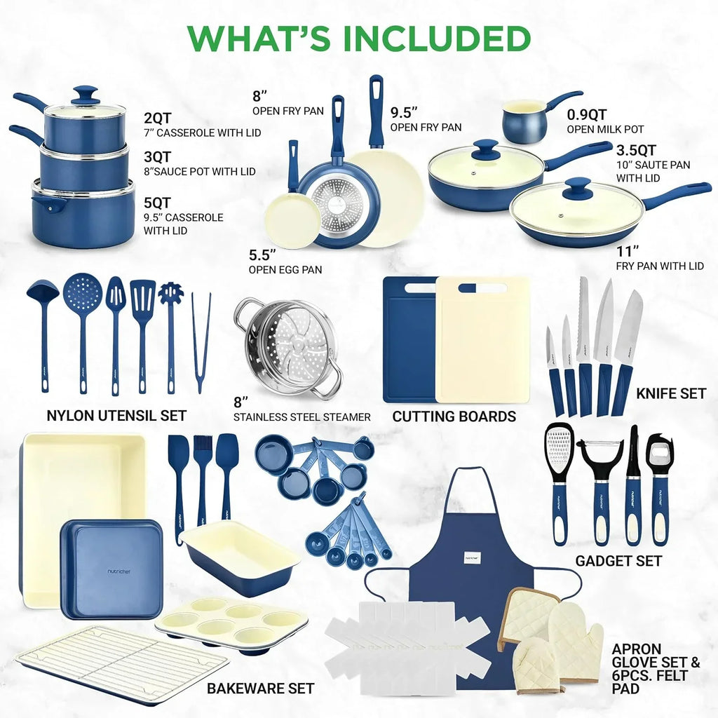 Nouveauté 2026 – Ensemble de cuisine 54 pièces – Ensemble complet de casseroles et poêles en céramique antiadhésive avec ustensiles, moules à pâtisserie et couteaux, compatible gaz, électrique et induction, rose poudré – Indispensables pour la cuisin
