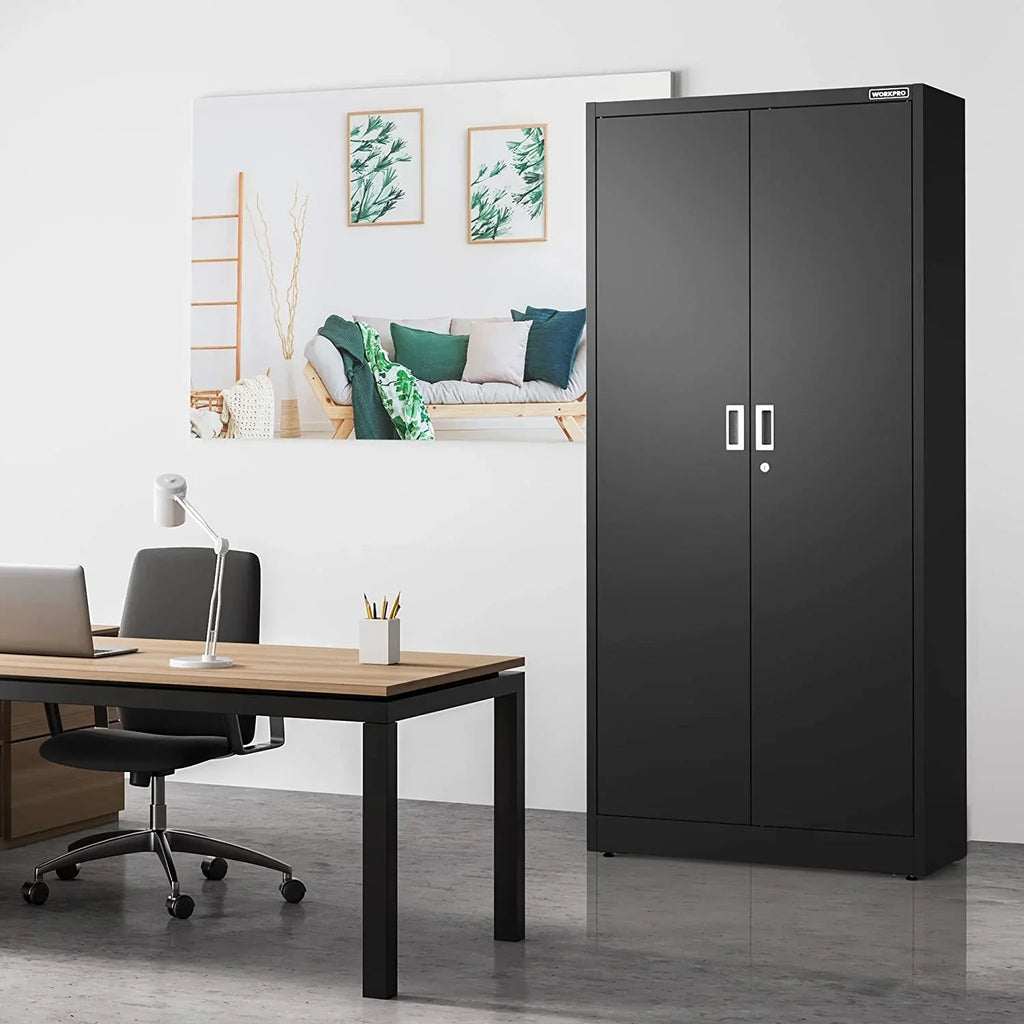 Nouveauté 2026 – Armoire de rangement métallique WORKPRO avec portes verrouillables et étagères réglables, hauteur 180 cm (71 pouces), idéale pour les outils, le bureau, la maison et les ateliers (noir), emballage soigné