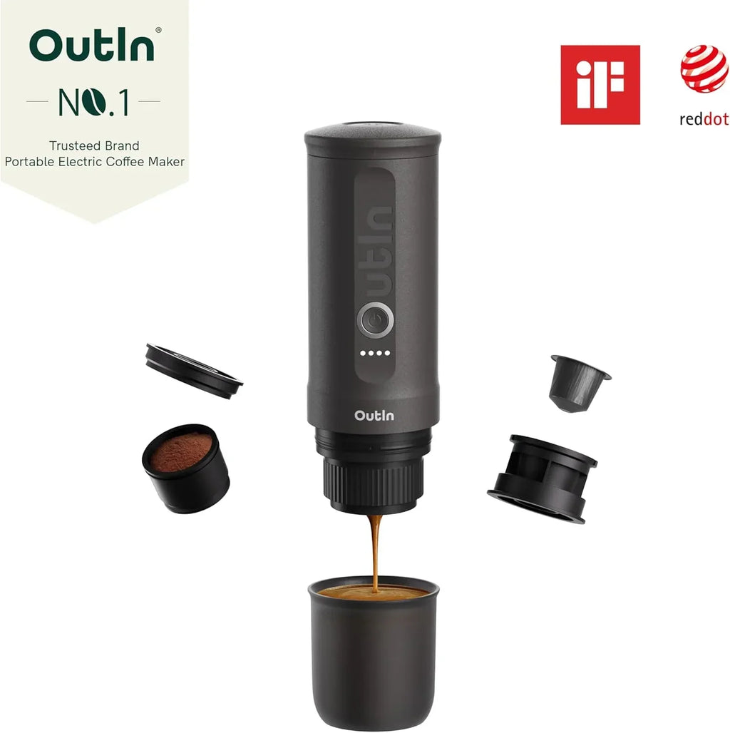 Nouveauté 2026 – Machine à expresso électrique portable OutIn Nano , cafetière de voyage idéale pour le camping et la voiture. Auto-chauffante avec port USB-C, elle fonctionne avec du café moulu et des capsules NS. Parfaite pour les camping-cars, la