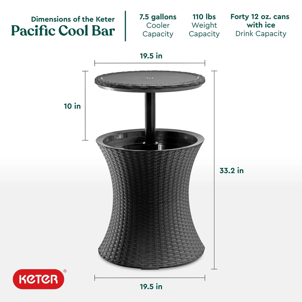 Nouveauté 2026 – Table d'appoint et bar isotherme Keter Pacific Cool Bar 2 en 1 de 28 litres (7,5 gallons), résistante aux intempéries, en résine durable, aspect rotin marron