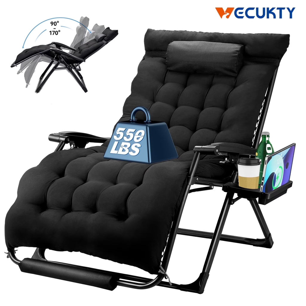 Nouveauté 2026 – Fauteuil zéro gravité surdimensionné VECUKTY XXL - Capacité de 227 kg, siège rembourré de 84 cm de large, fauteuil de voyage pliable pour une utilisation intérieure/extérieure - Terrasse, pelouse, noir, portable et robuste