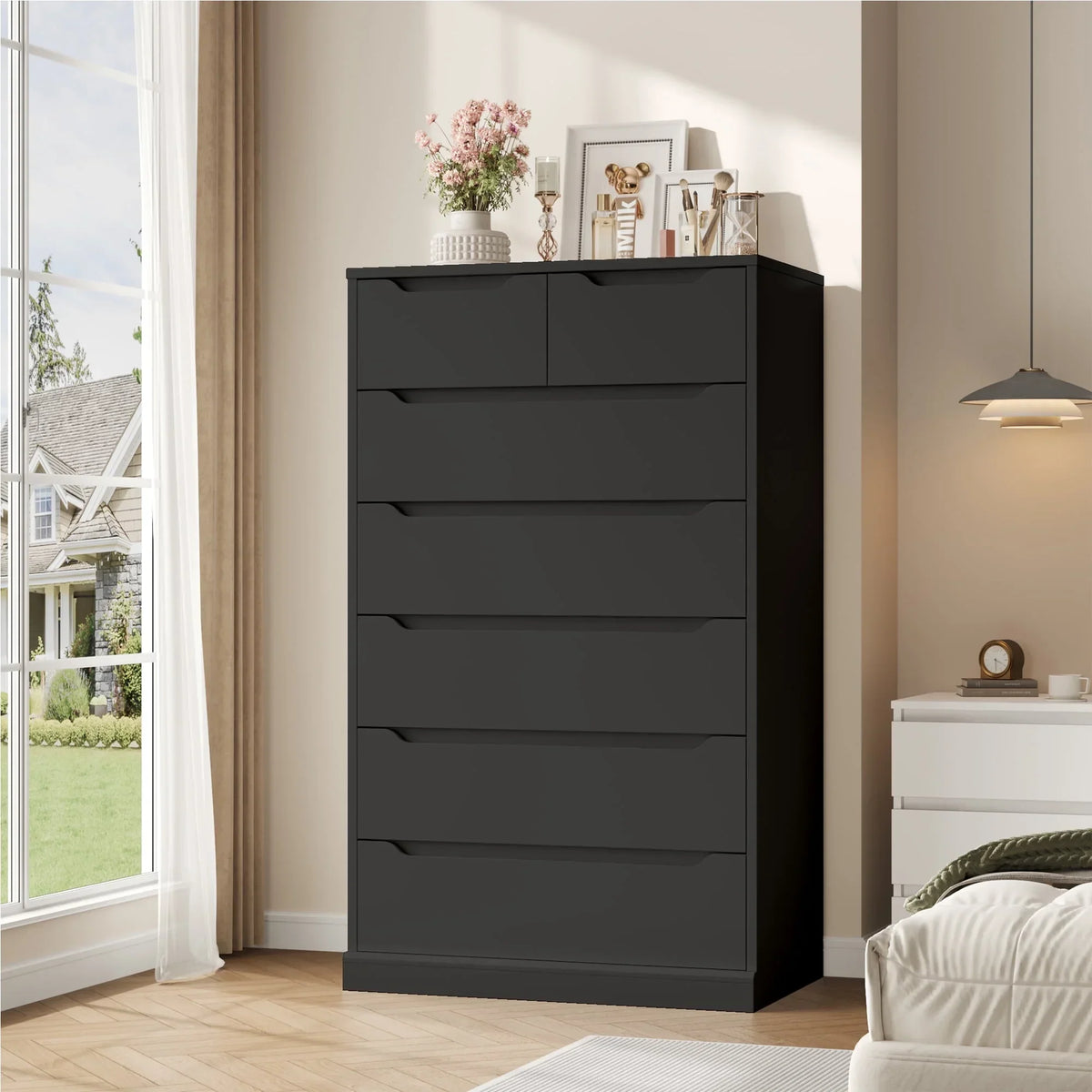 Nouveauté 2026 – Commode blanche Homfa 7 tiroirs, 130 cm de hauteur, meuble de rangement en bois avec base stable améliorée, commode verticale pour chambre ou salon