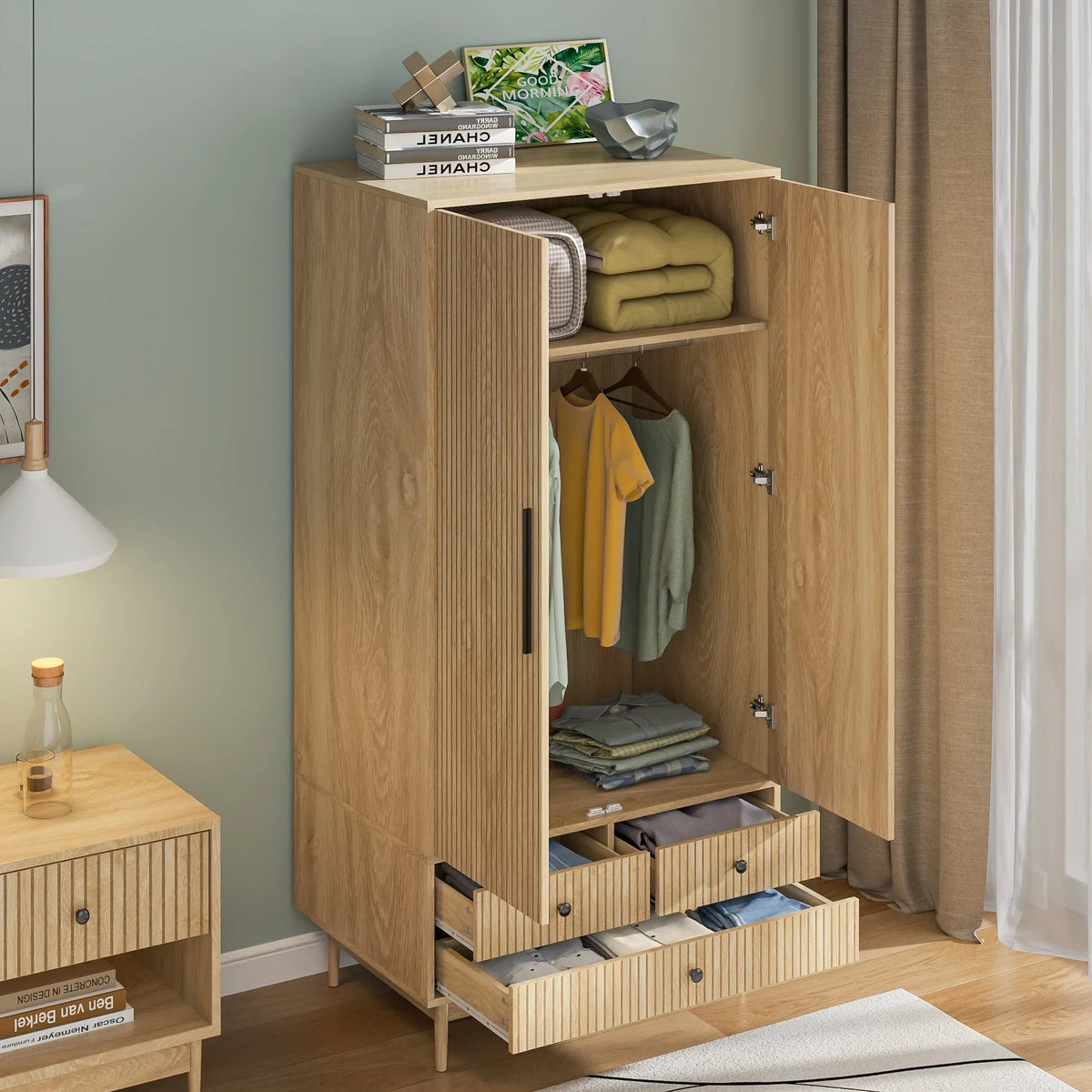 Nouveauté 2026 – Armoire-penderie Armoire à 2 portes, avec penderie et tiroirs, en bois blanc, idéale pour la chambre à coucher