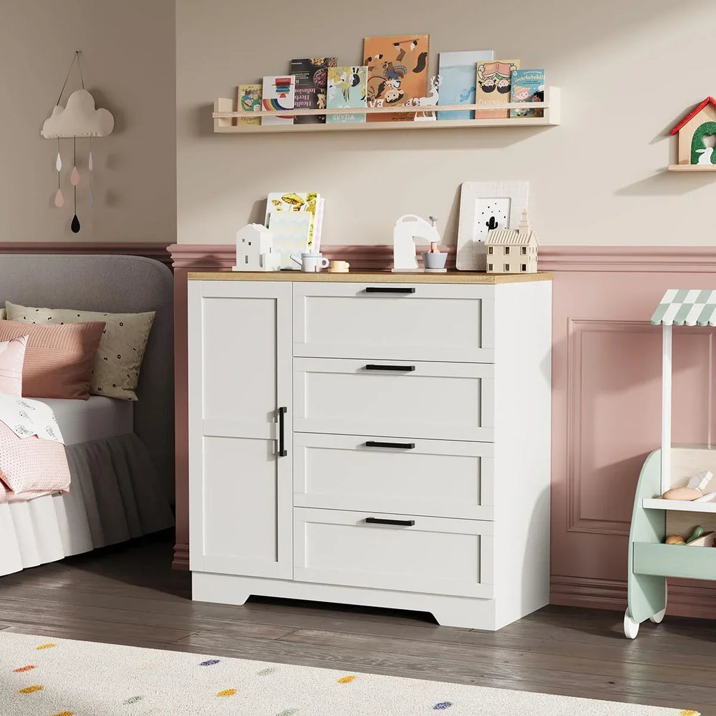 Nouveauté 2026 – Armoire-penderie en bois Ataucjin avec 4 tiroirs et une porte, hauteur 110 cm (43,3 po), avec tringle, rangement pour vêtements, commode à 4 tiroirs avec placard de rangement