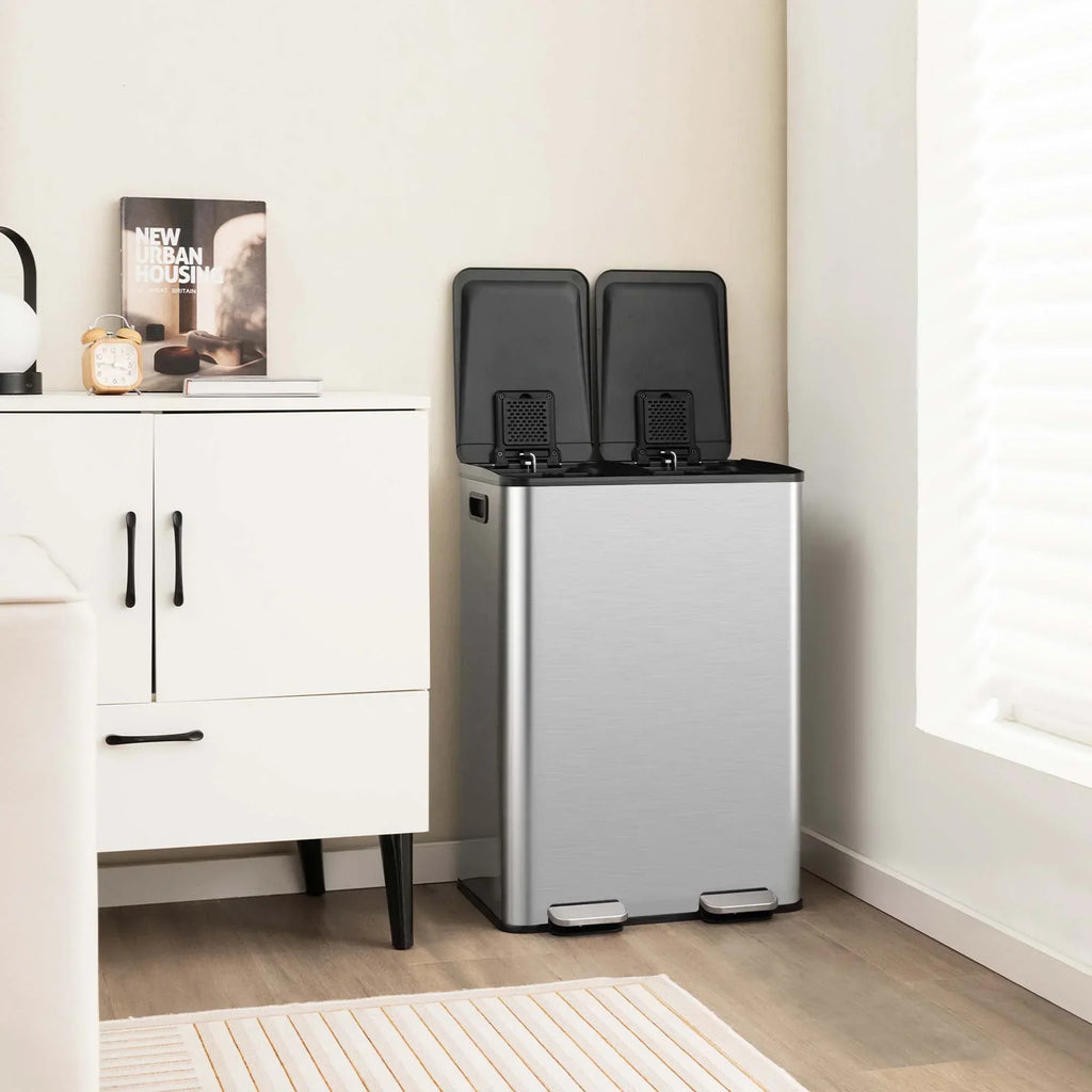 Nouveauté 2026 – Poubelle à pédale double marche Costway 16 gallons (60 litres) argentée, en acier inoxydable