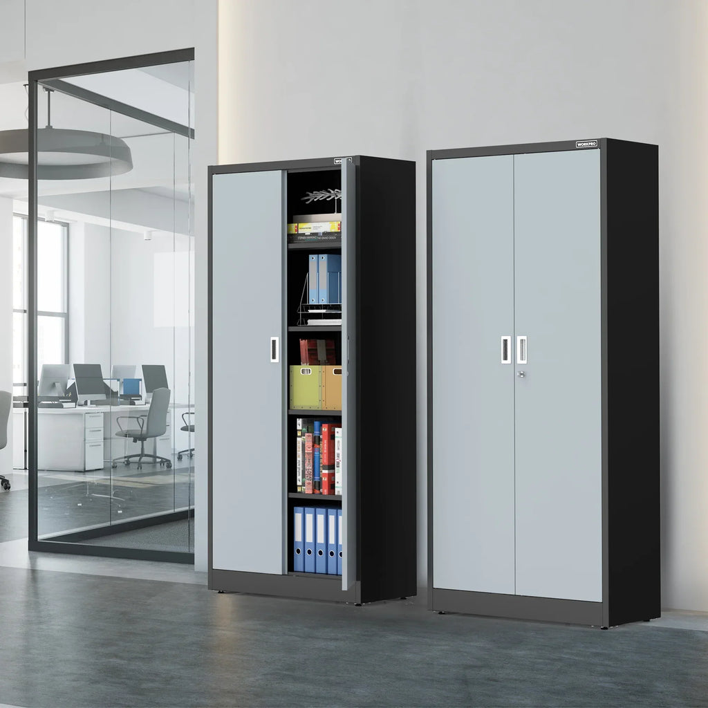 Nouveauté 2026 – Armoire de rangement métallique WORKPRO avec portes verrouillables et étagères réglables, hauteur 180 cm (71 pouces), idéale pour les outils, le bureau, la maison et les ateliers (noir), emballage soigné