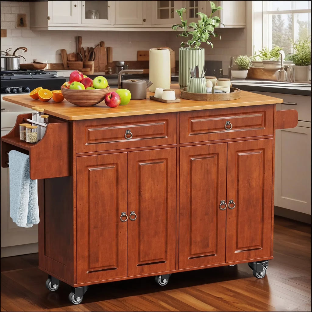 Nouveauté 2026 – Îlot de cuisine Lofka 52 pouces (132 cm) avec rangement sur roulettes et abattant en bois, idéal pour les petites cuisines