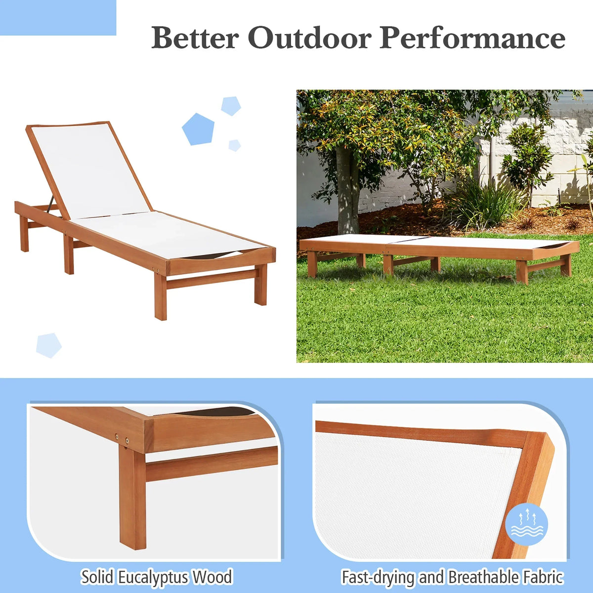 Nouveauté 2026 – Chaise longue inclinable en bois Gymax 2PCS pour patio avec dossier réglable