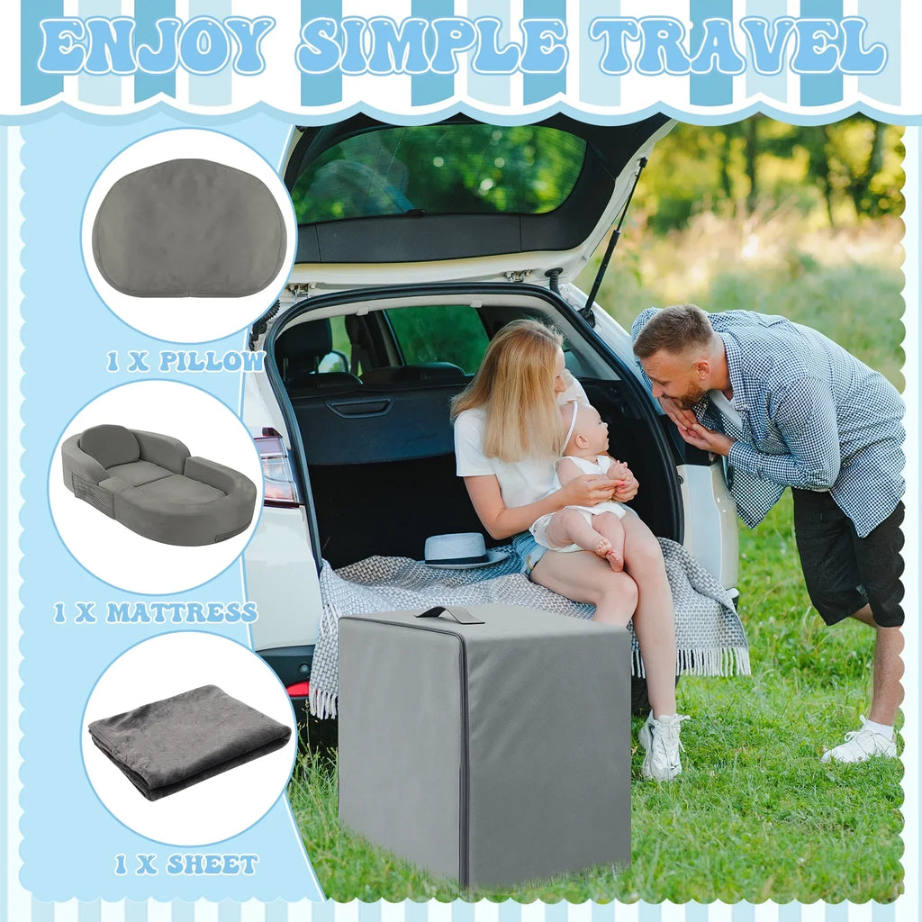 Nouveauté 2026 – Lit de voyage pour tout-petits Coumy 2-en-1 avec housse amovible, matelas pliable et portable en mousse souple, sac de transport inclus, bleu