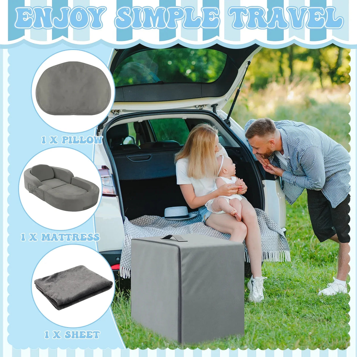 Nouveauté 2026 – Lit de voyage pour tout-petits Coumy 2-en-1 avec housse amovible, matelas pliable et portable en mousse souple, sac de transport inclus, bleu